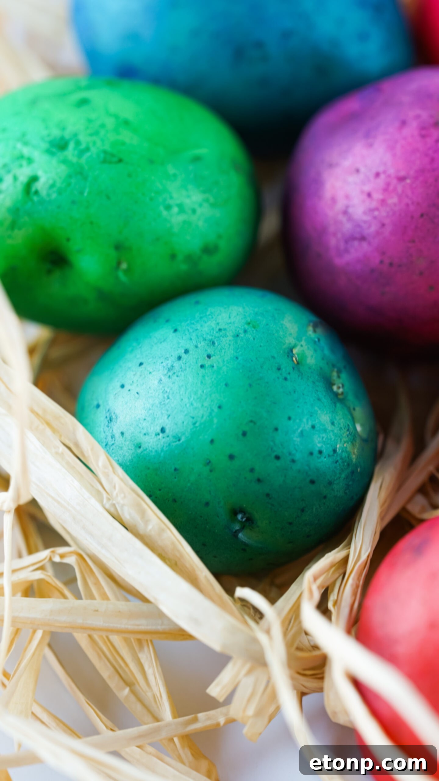Detail shot of several Dyed Easter Egg Potatoes, showing intricate designs and the subtle sheen from drying.