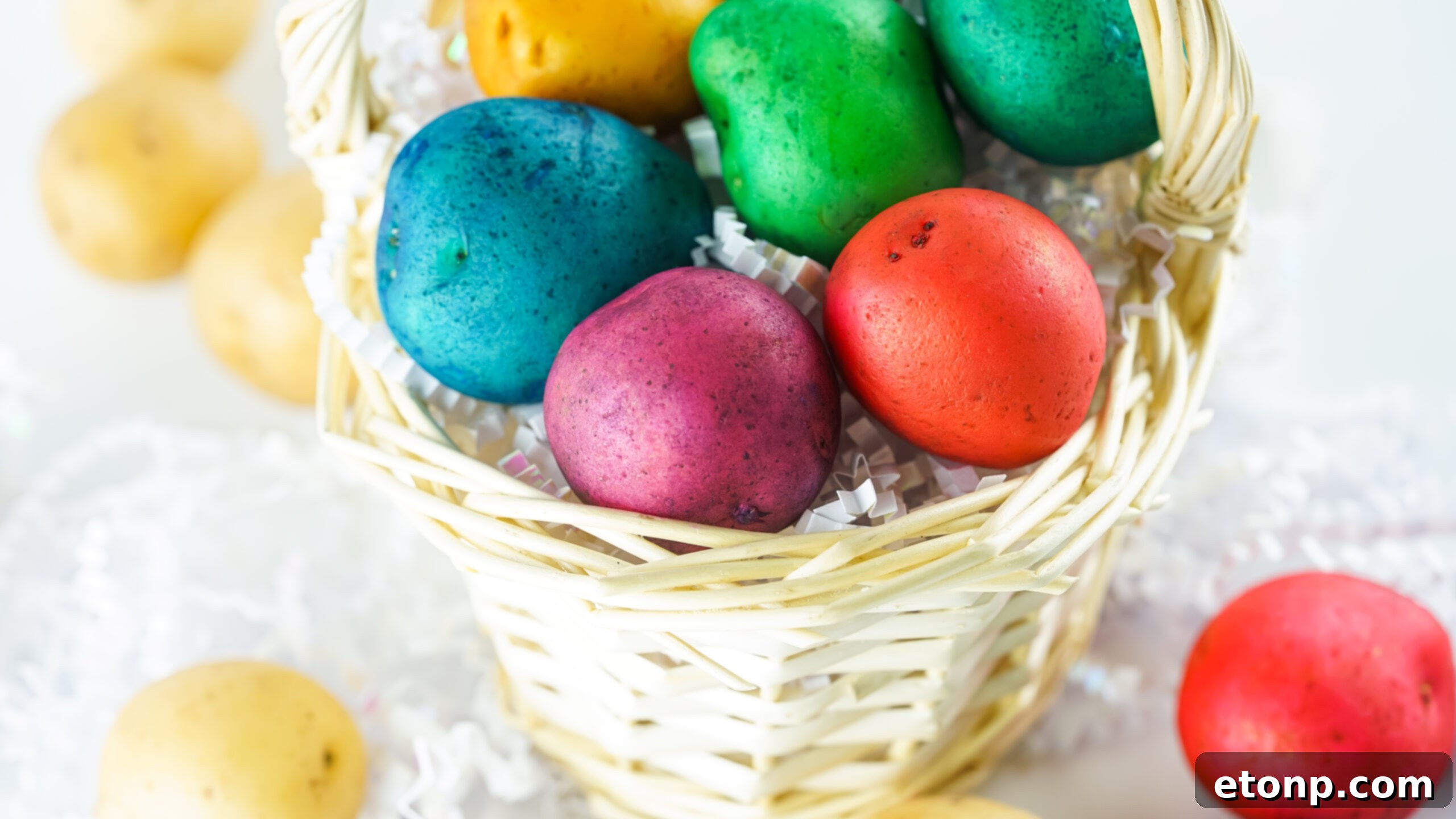 Another front view of Dyed Easter Egg Potatoes in a tan basket, with varying sizes and colors creating an appealing tableau.