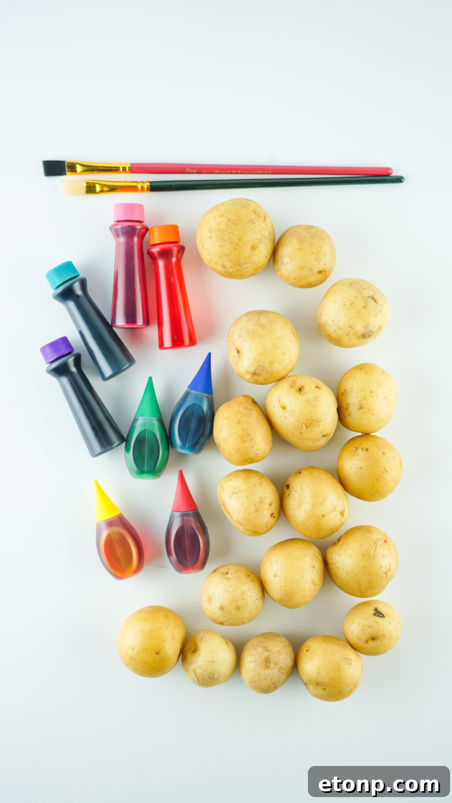 An overhead flat lay of all the materials required to make Dyed Easter Egg Potatoes, including potatoes, food coloring, and brushes.