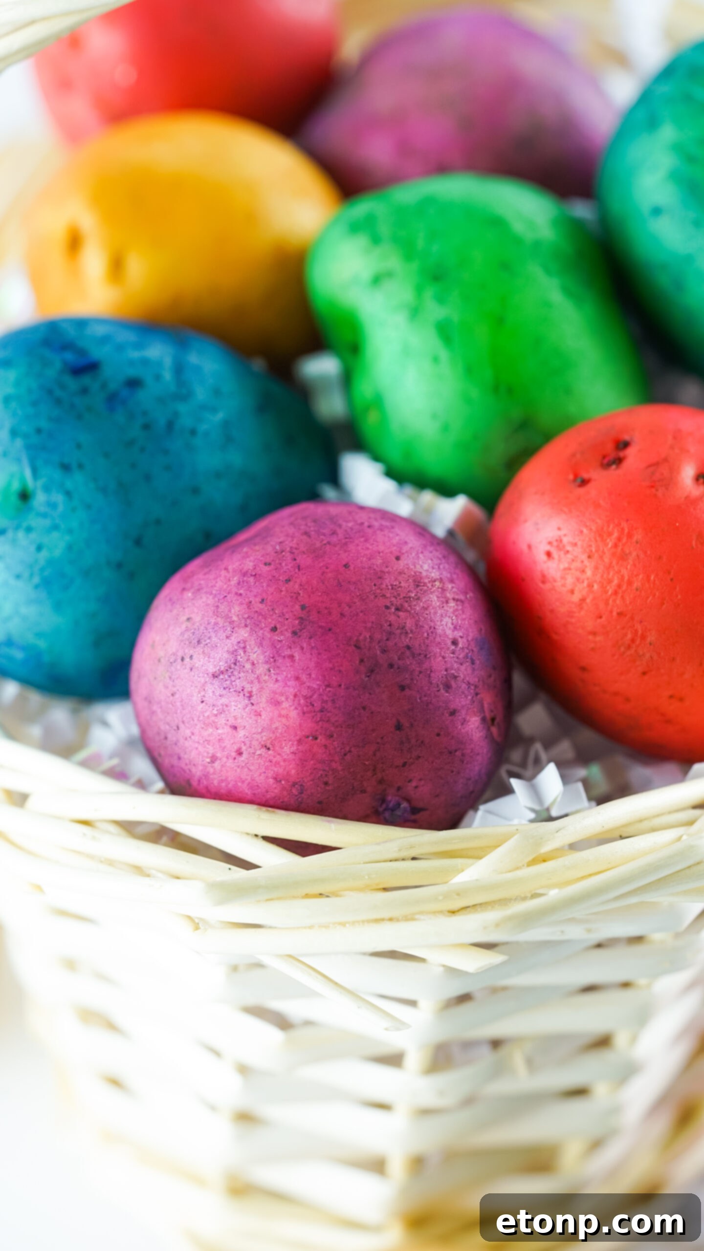A close-up of beautifully Dyed Easter Egg Potatoes in a tan basket, showcasing the artistic detail on each potato.