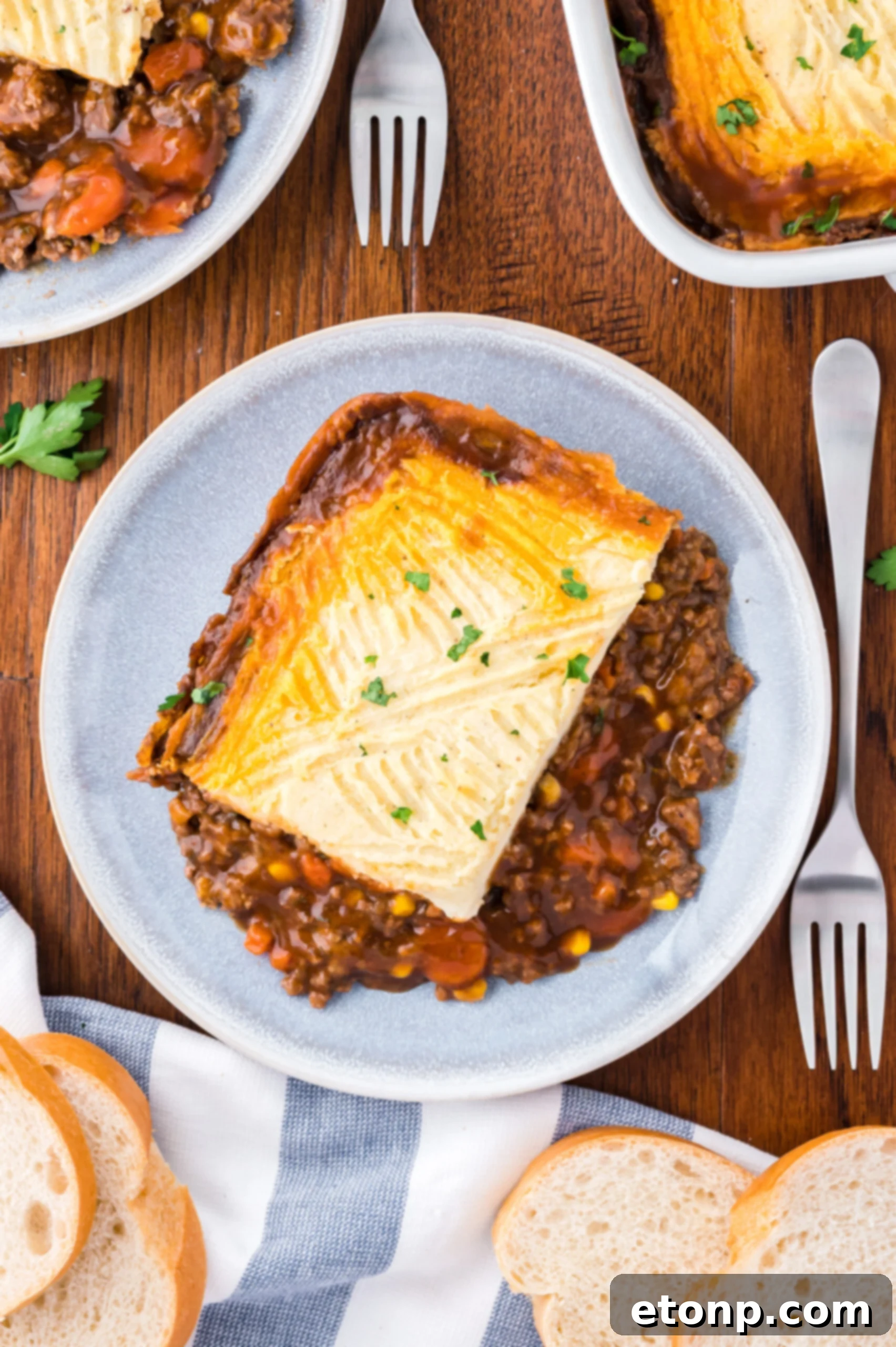 Overhead shot of Shepherd's Pie on a gray and white plate.