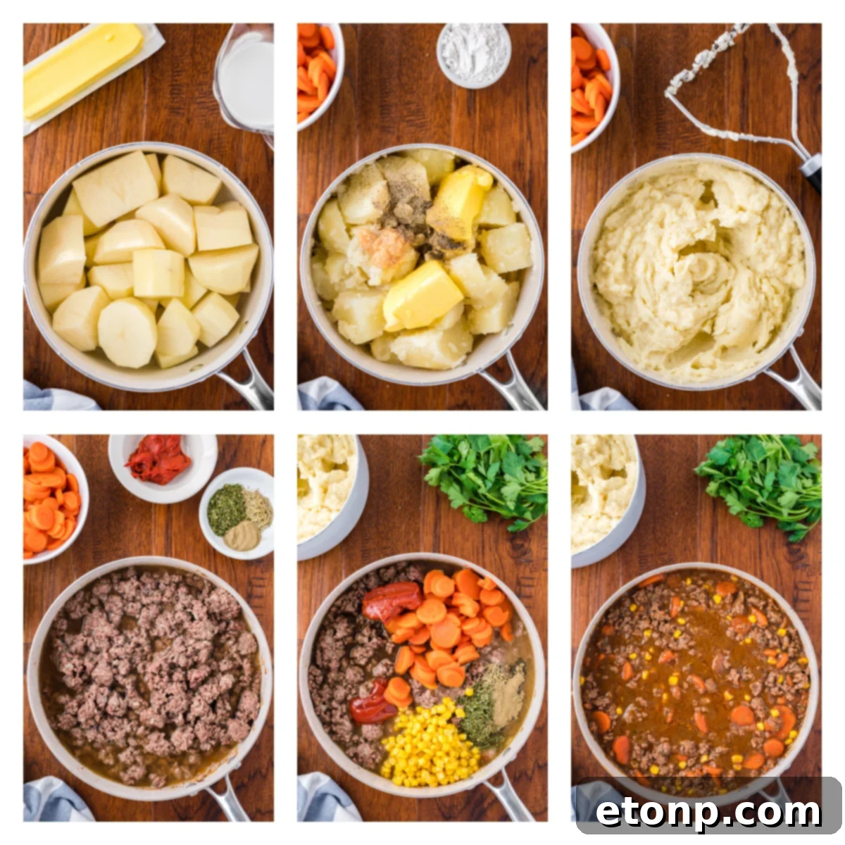 Collage of 6 photos showing how to make the filling 