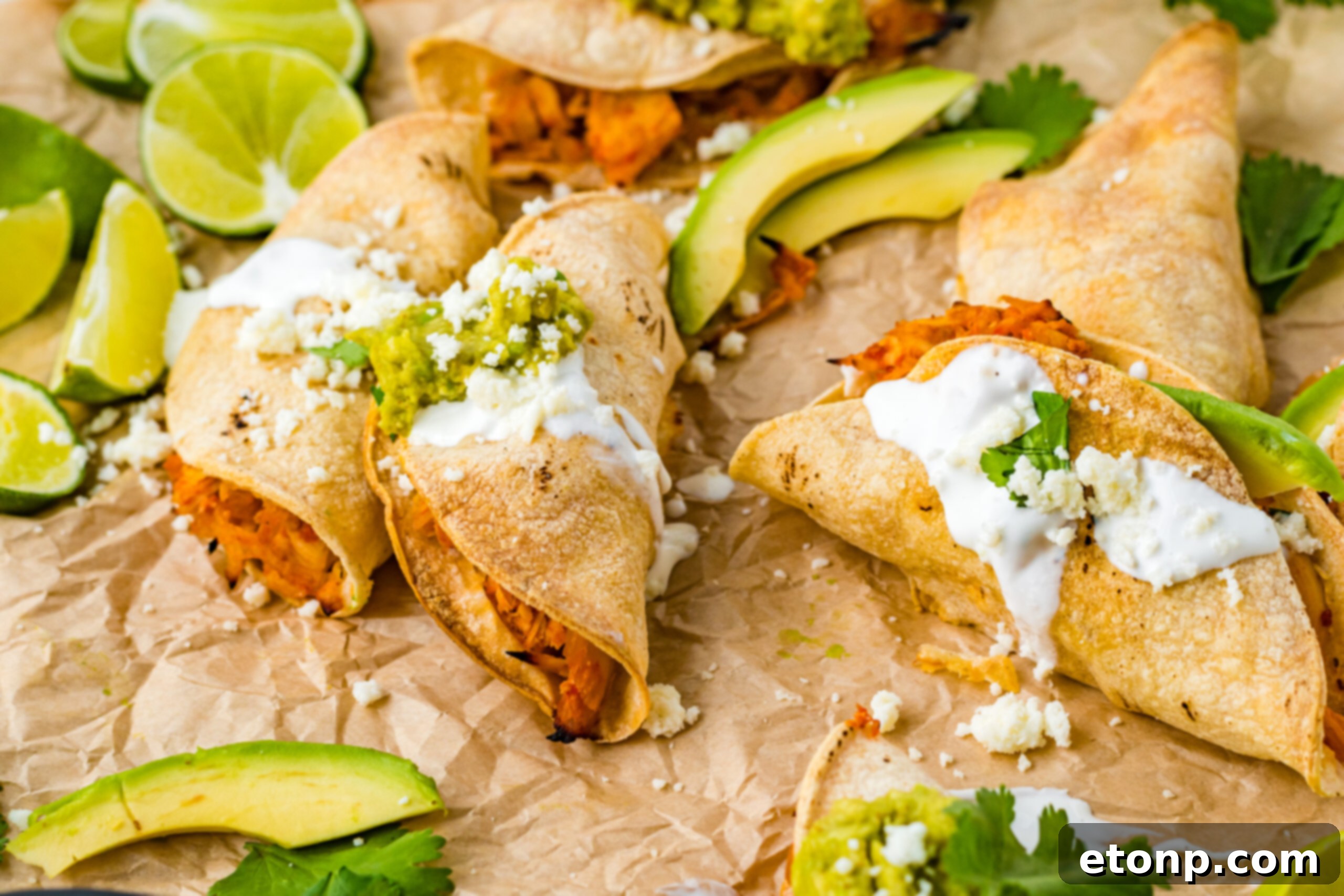 Front view of a spread of Crispy Tinga Tacos on parchment paper, surrounded by vibrant lime wedges and sliced avocados, emphasizing their readiness to serve.