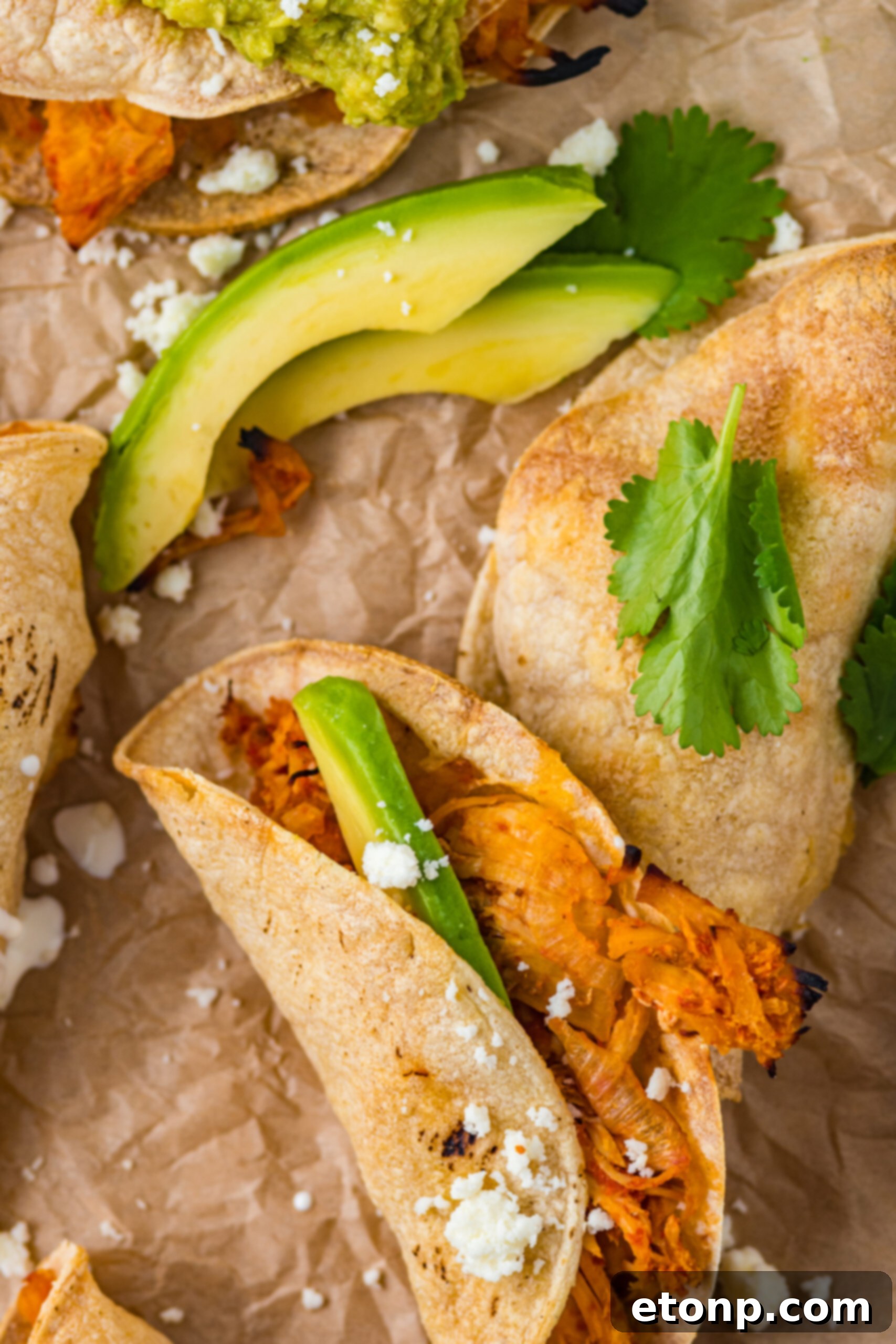 A close-up view of Crispy Tinga Tacos on parchment paper, with avocado slices providing a fresh contrast to the golden, crunchy tortillas.