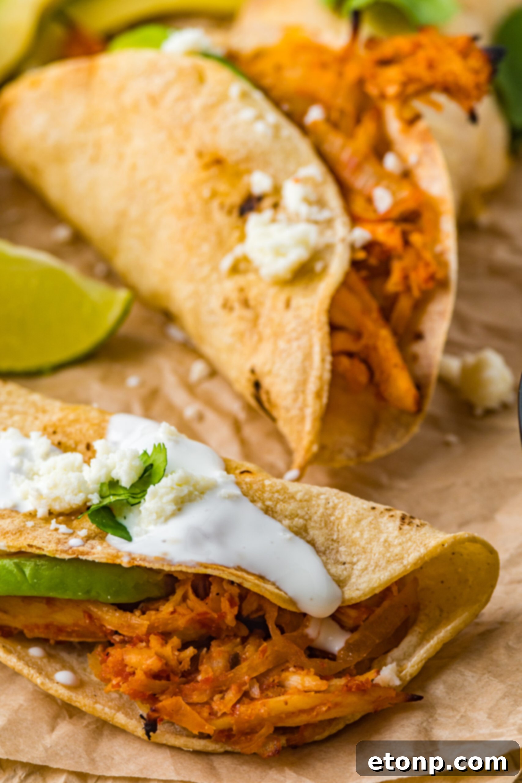 A close-up of Crispy Tinga Tacos on parchment paper, adorned with lime and avocado slices, showcasing the inviting filling and golden tortilla.
