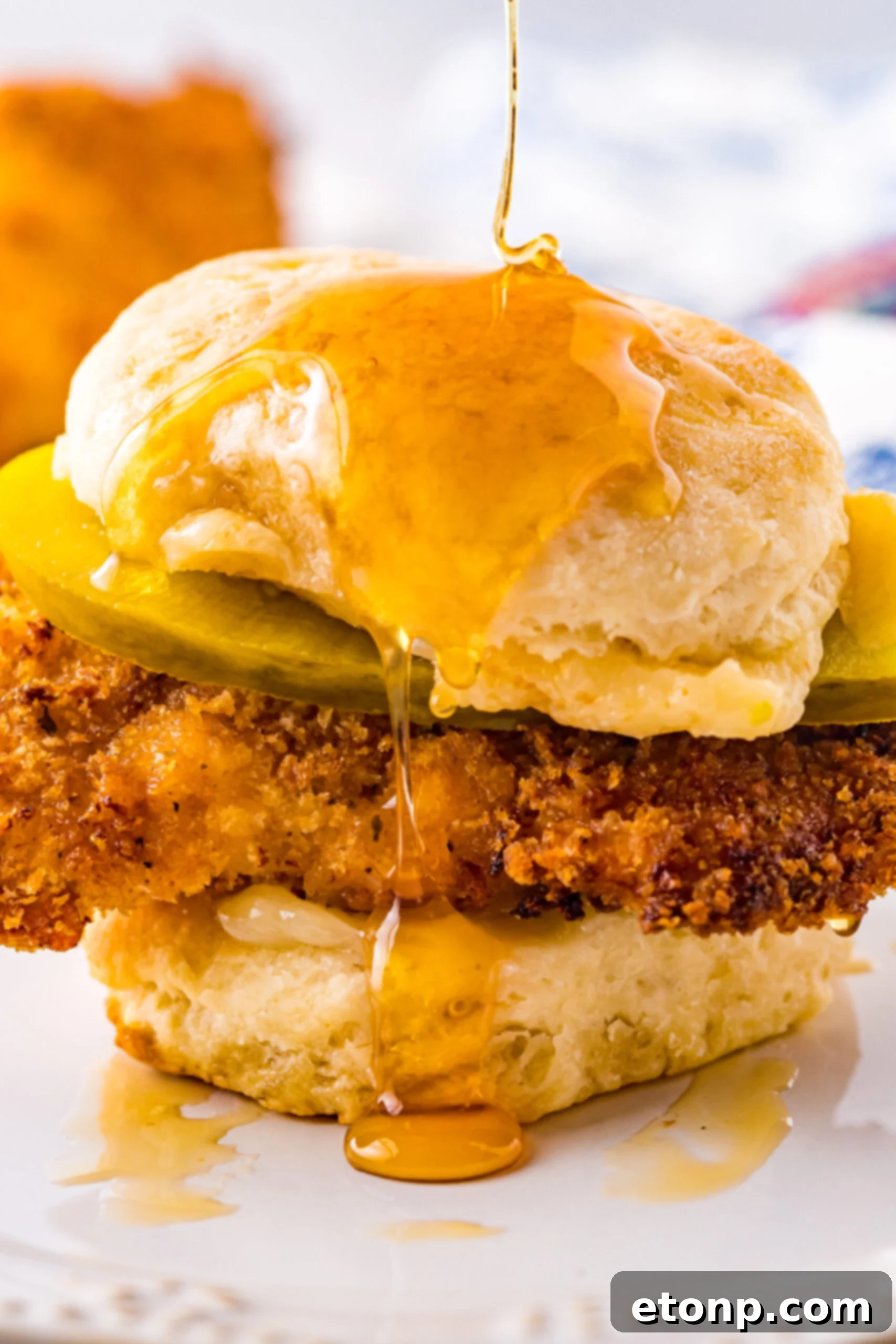 Front view of a perfectly crafted Honey Butter Chicken Biscuit, showcasing its delicious layers and golden crust ready to be served.