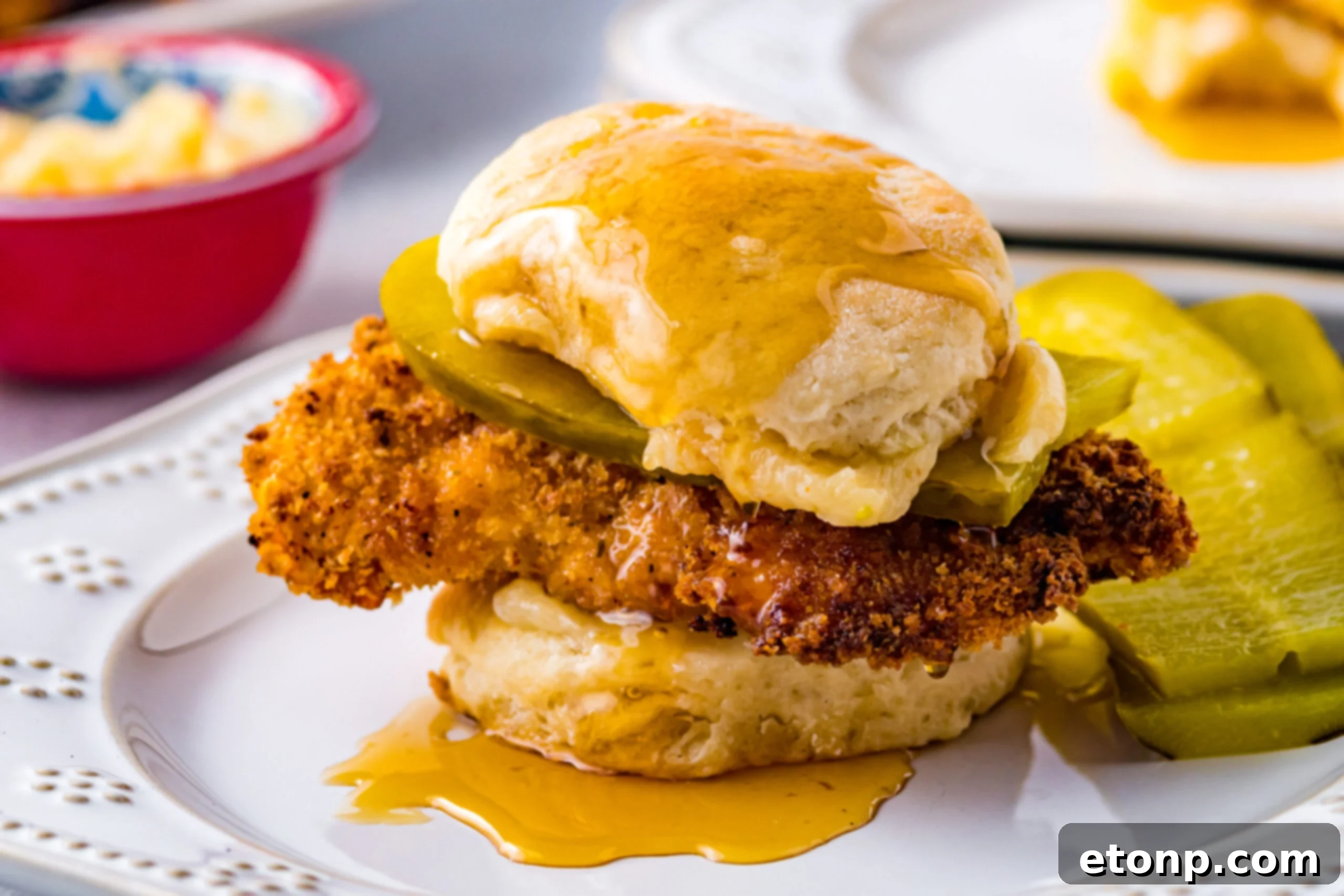Front view of a Honey Butter Chicken Biscuit on a white plate, accompanied by two pickle slices for garnish, showing a delightful ensemble.