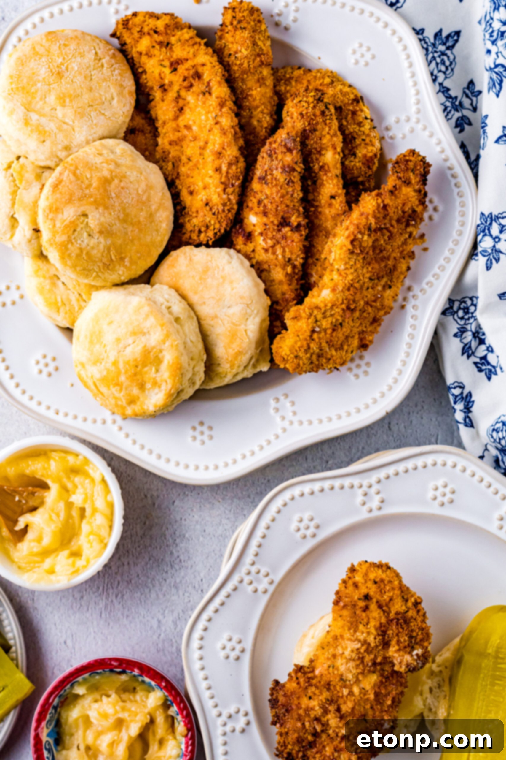 Overhead view of an unassembled Honey Butter Chicken Biscuit, showcasing the individual components on a white dish before assembly.