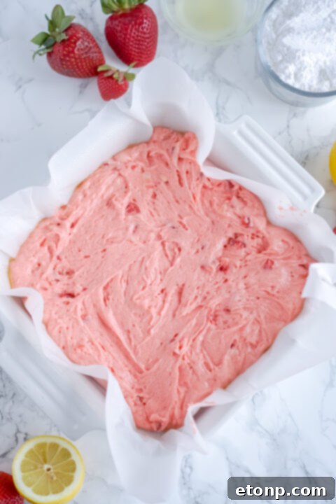 Baked strawberry lemon brownies in a pan.