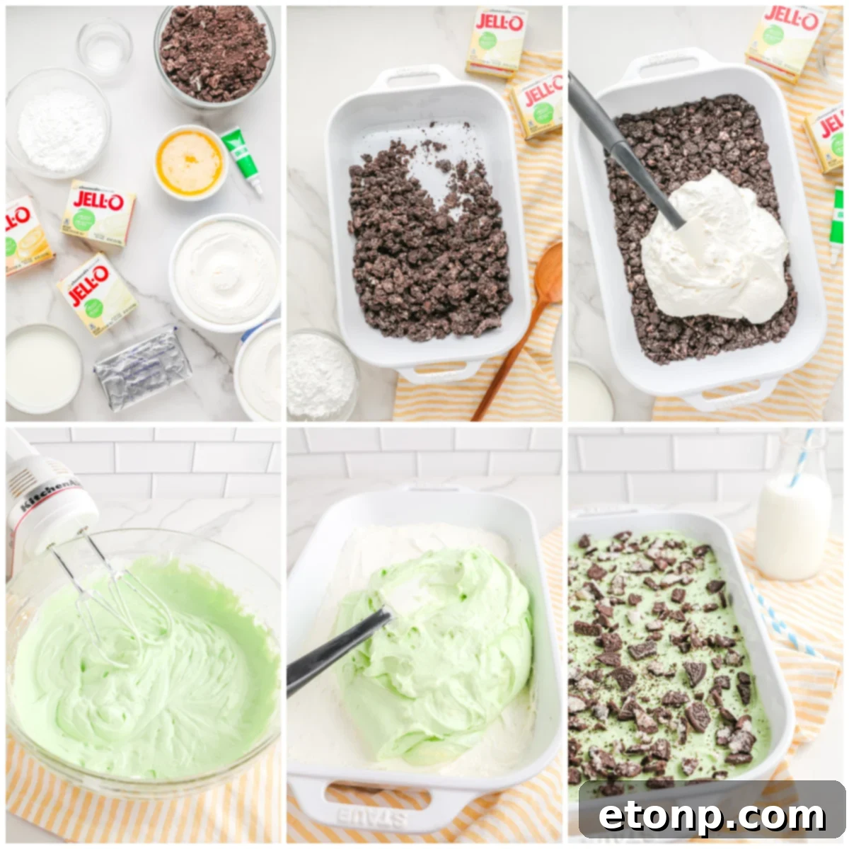 A visual collage of 6 photos, guiding through the process from gathering ingredients to the assembly of the Shamrock Lasagna Dessert, providing clear step-by-step imagery.