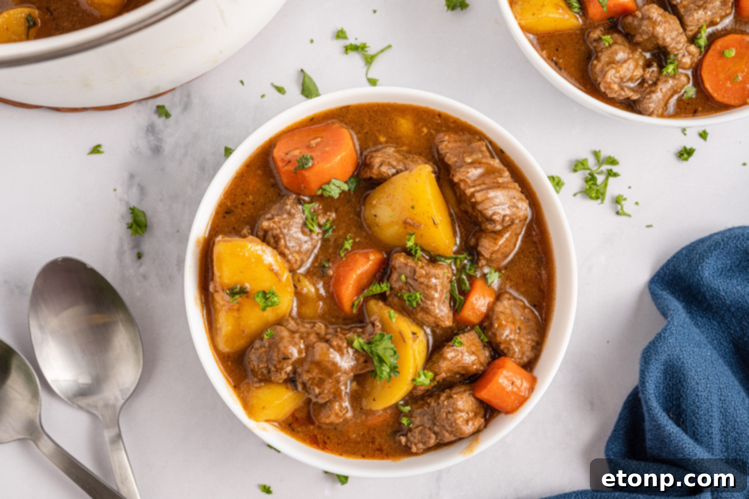 Overhead view of Irish Stew in two white bowls with fresh parsley leaves. 