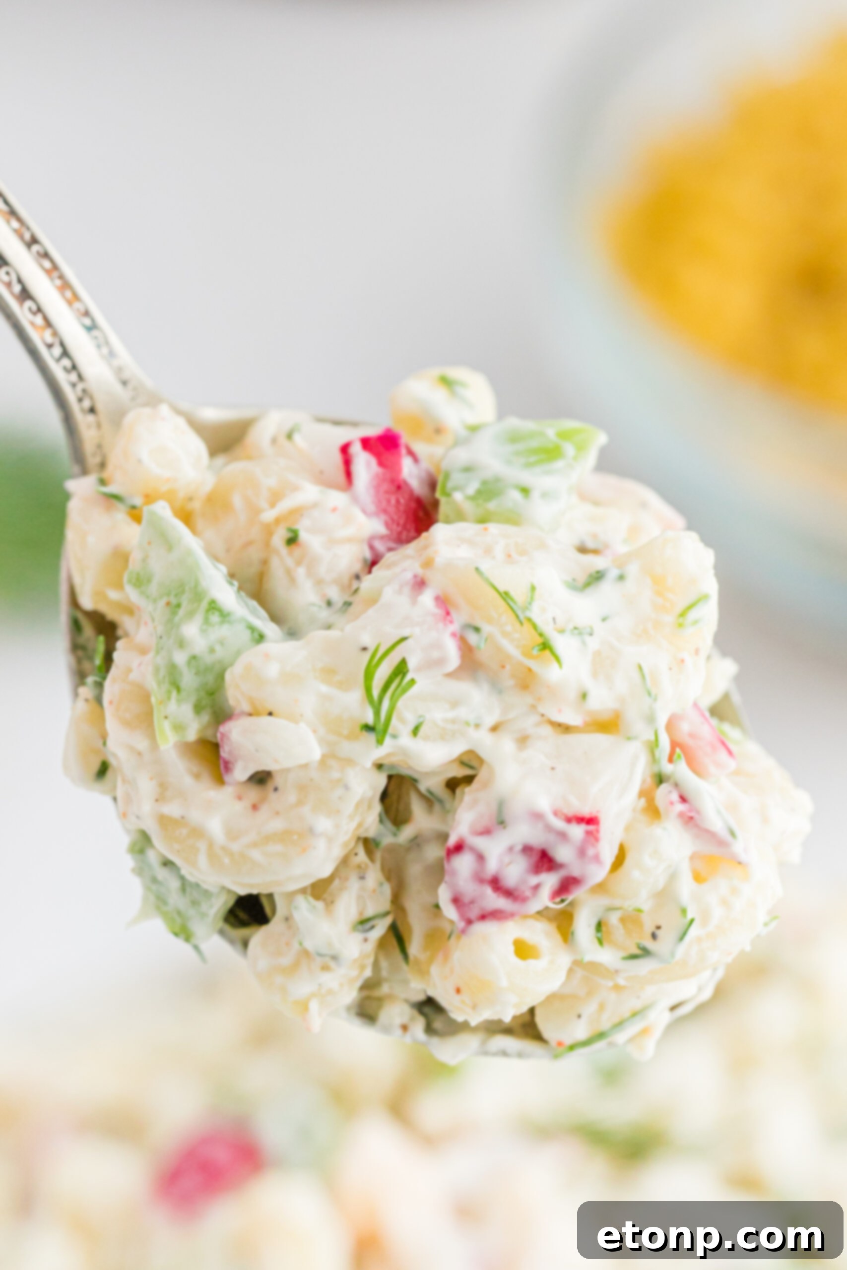 Creamy Dill Macaroni Salad 11 Front view of a perfect bite of Macaroni Dill Pasta Salad on a silver spoon.