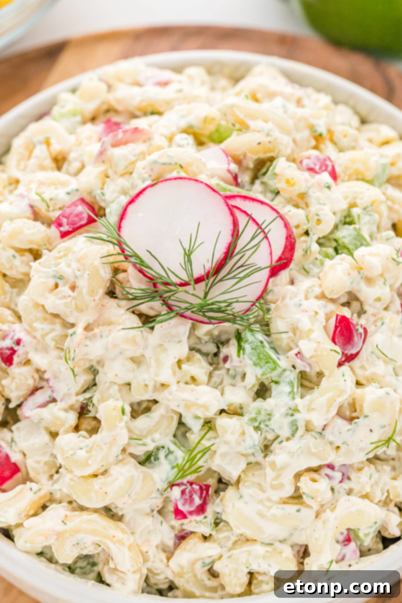 Creamy Dill Macaroni Salad 4 Close up view of Macaroni Dill Pasta Salad, highlighting the fresh ingredients and creamy dressing.