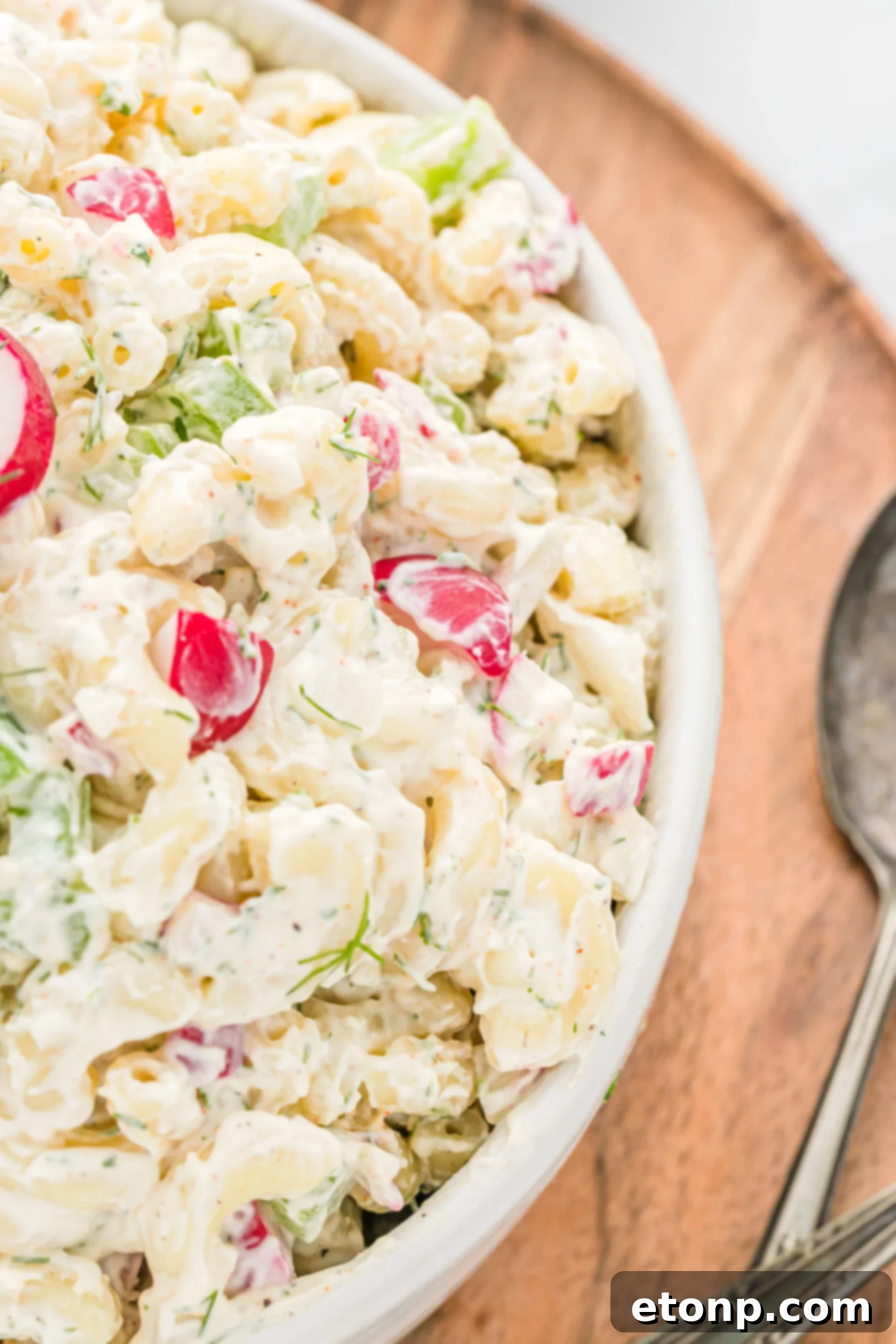 Creamy Dill Macaroni Salad 5 Close up view of the creamy Macaroni Dill Pasta Salad, highlighting its inviting texture.