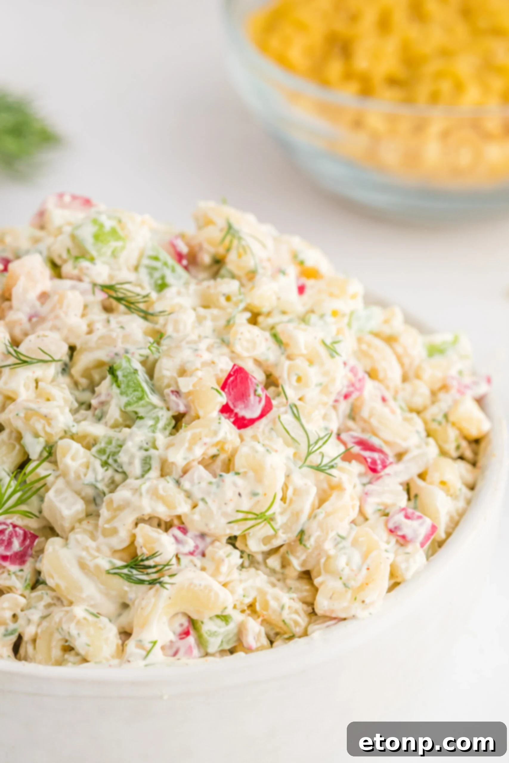 Creamy Dill Macaroni Salad 9 Another front view of the appetizing Macaroni Dill Pasta Salad in a white bowl.