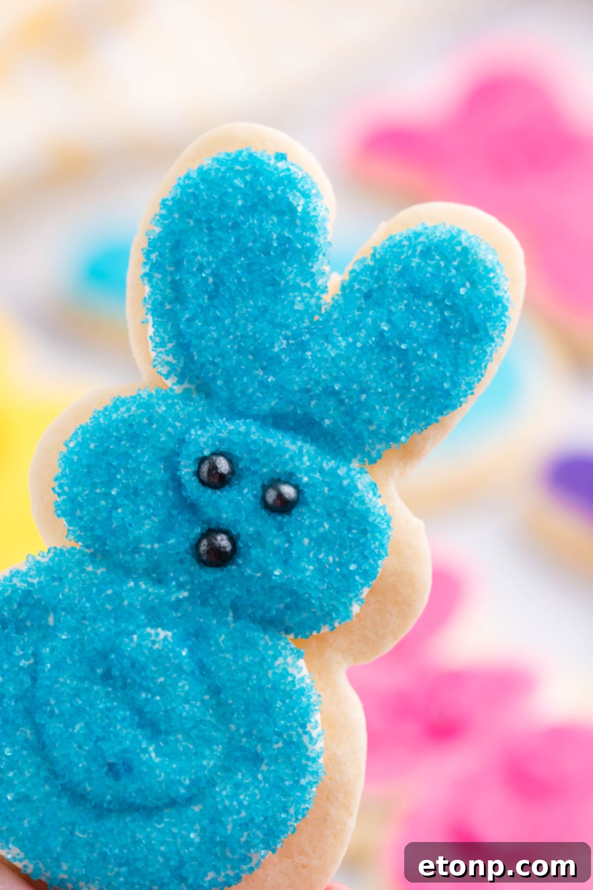 A hand holding up a blue Easter Bunny Cookie. 