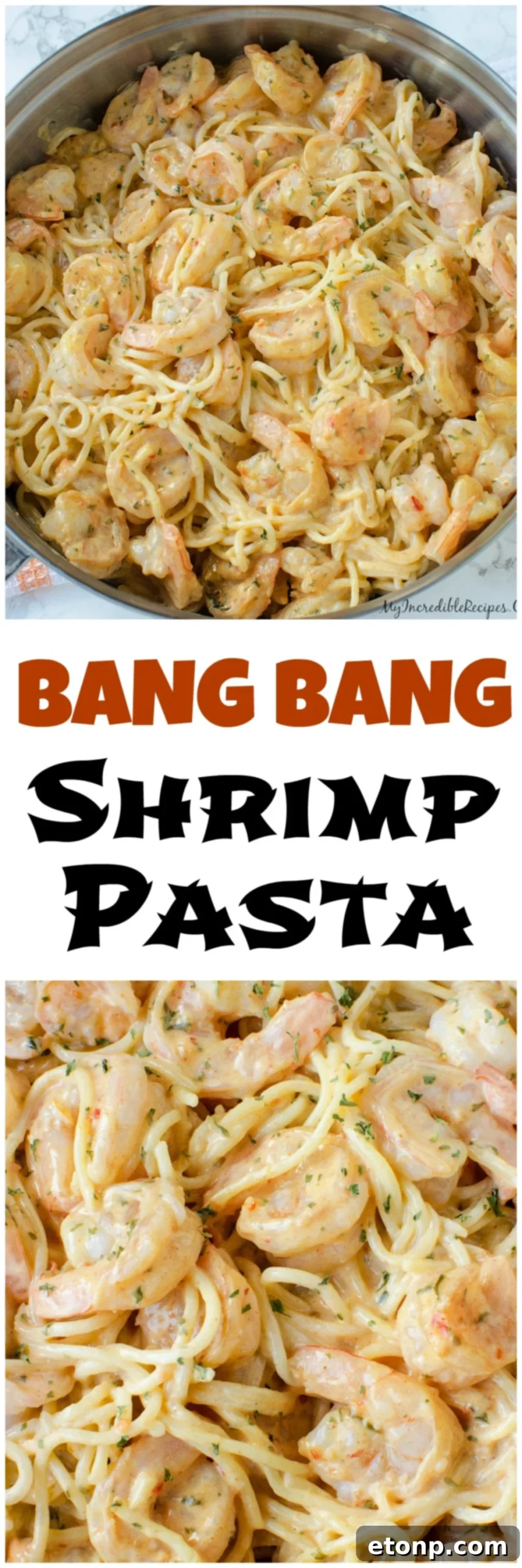Pinterest graphic: Pin this Bang Bang Shrimp Pasta recipe for later!