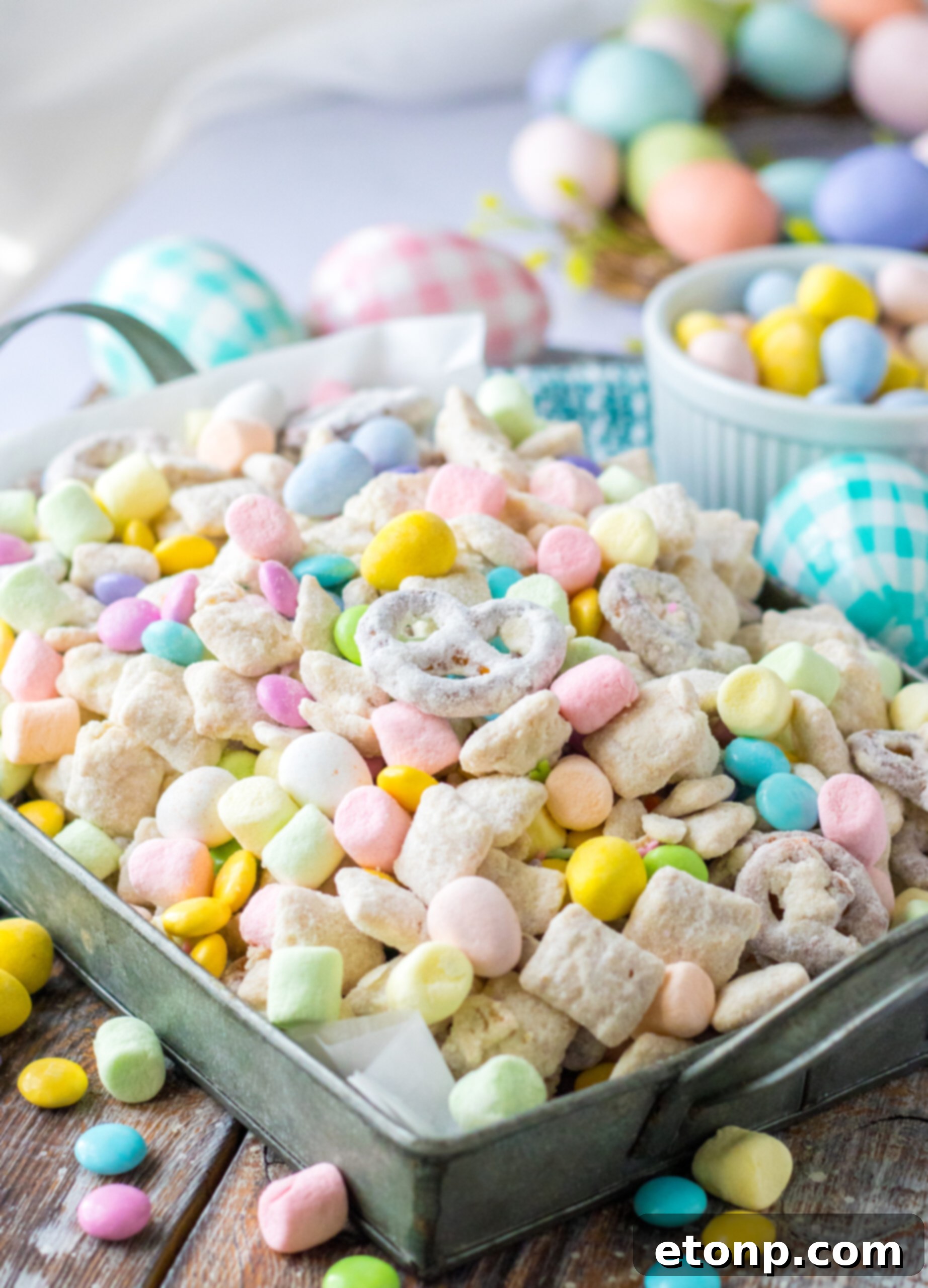 Bunny Munch in a silver serving tray. 