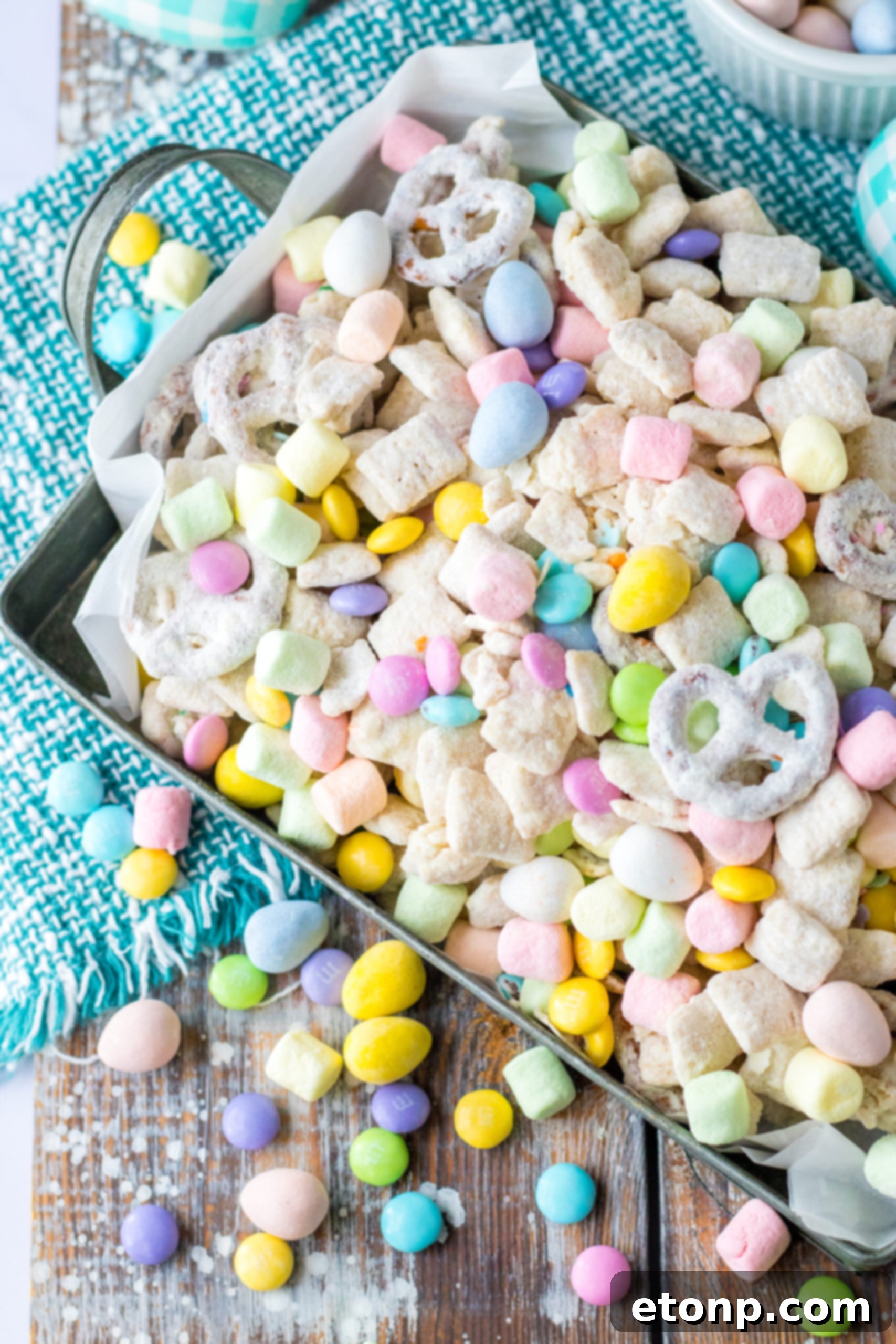 Overhead shot of Bunny Munch in a silver serving tray. 