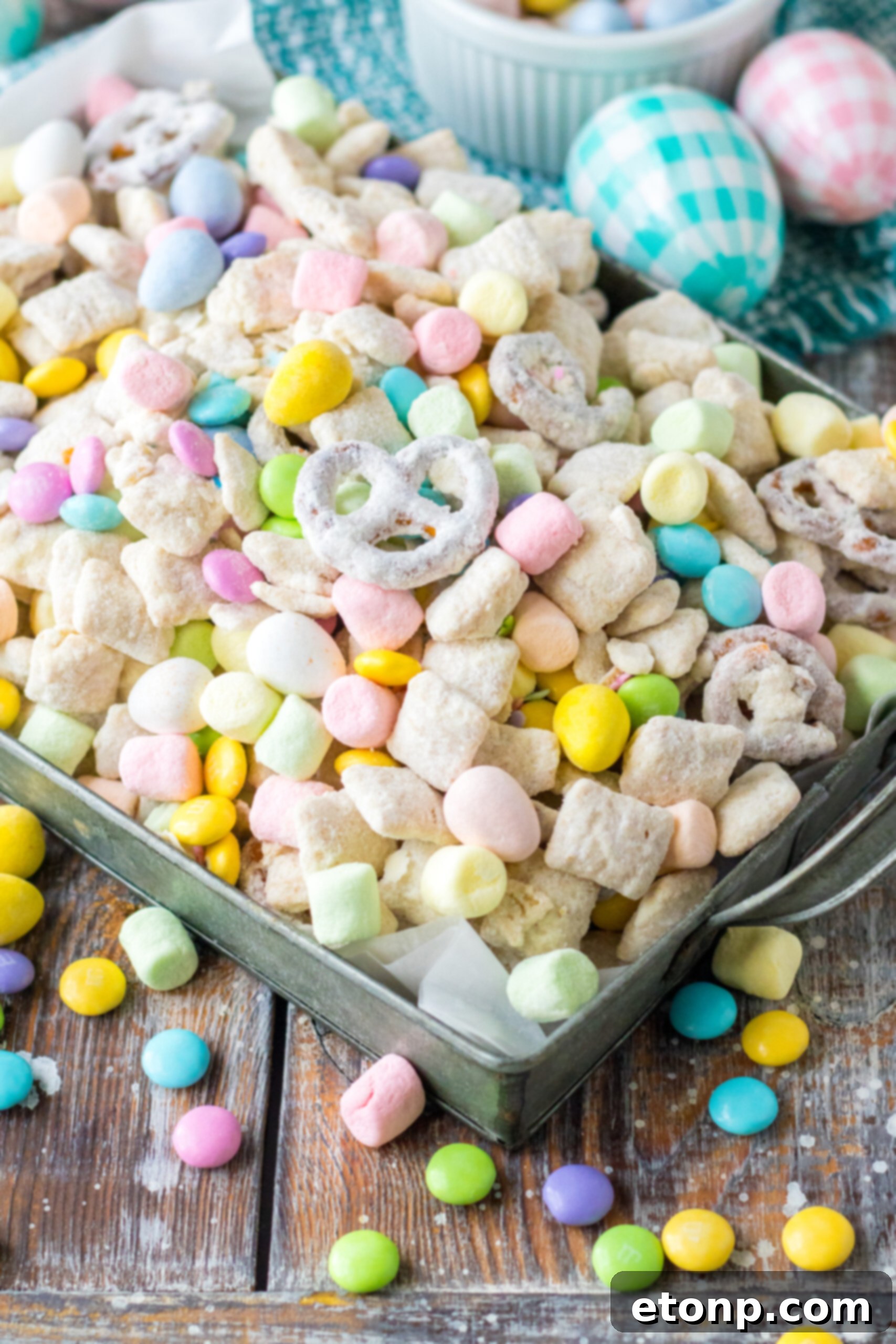 Overhead shot of Bunny Munch in a silver serving tray. 