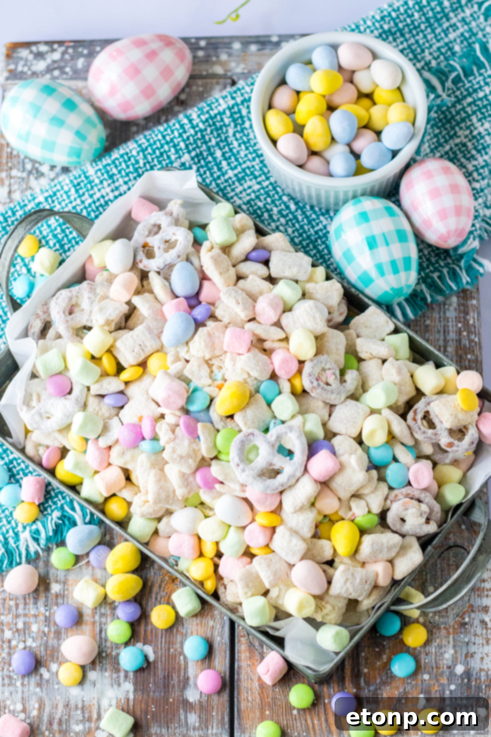 Overhead shot of Bunny Munch in a silver serving tray. 