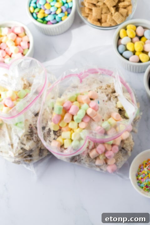 Various images of Bunny Munch, from different angles and serving sizes. 