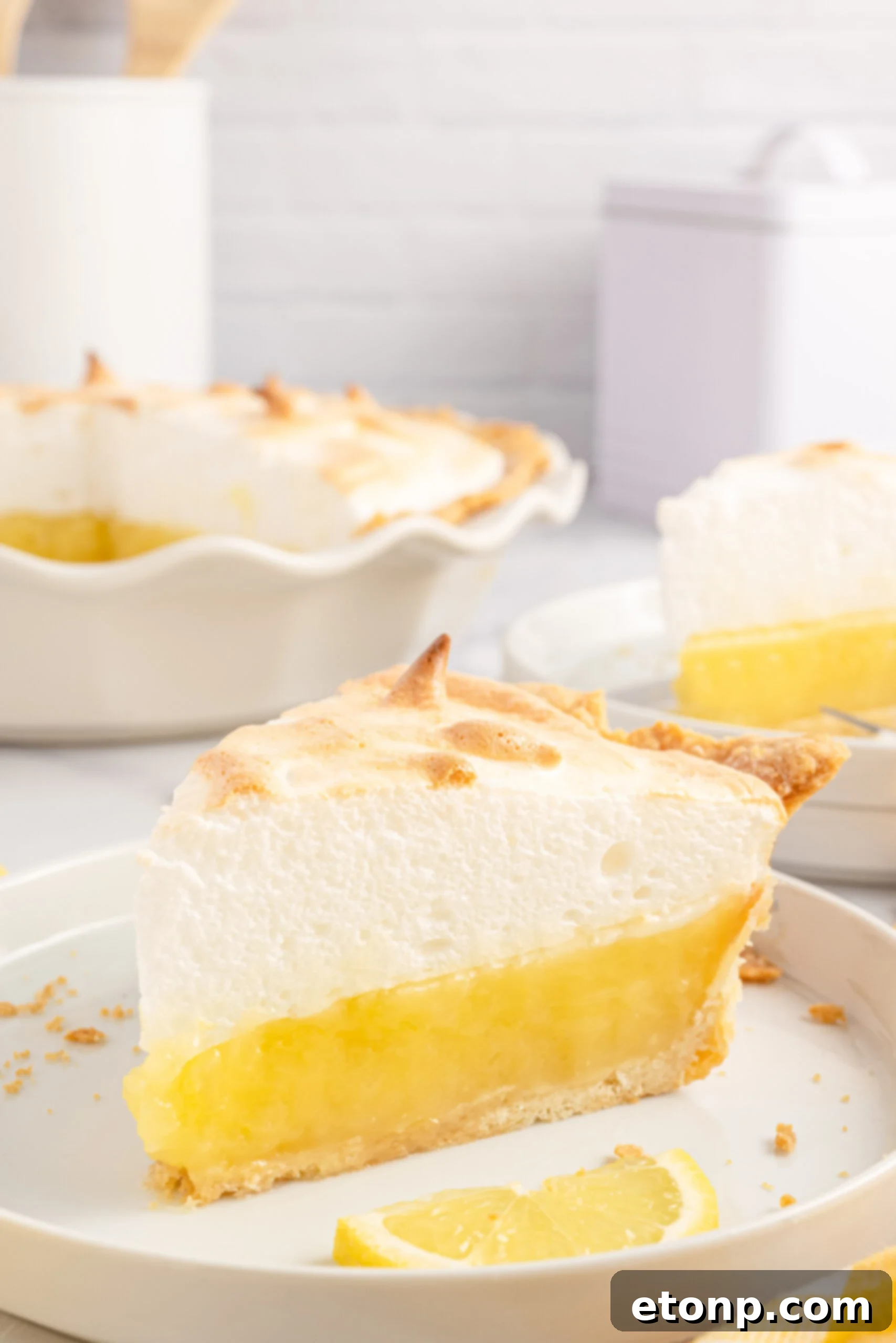 Close-up view of a perfectly sliced piece of lemon meringue pie on a white plate, garnished with fresh lemon slices, highlighting the golden meringue and vibrant lemon filling.