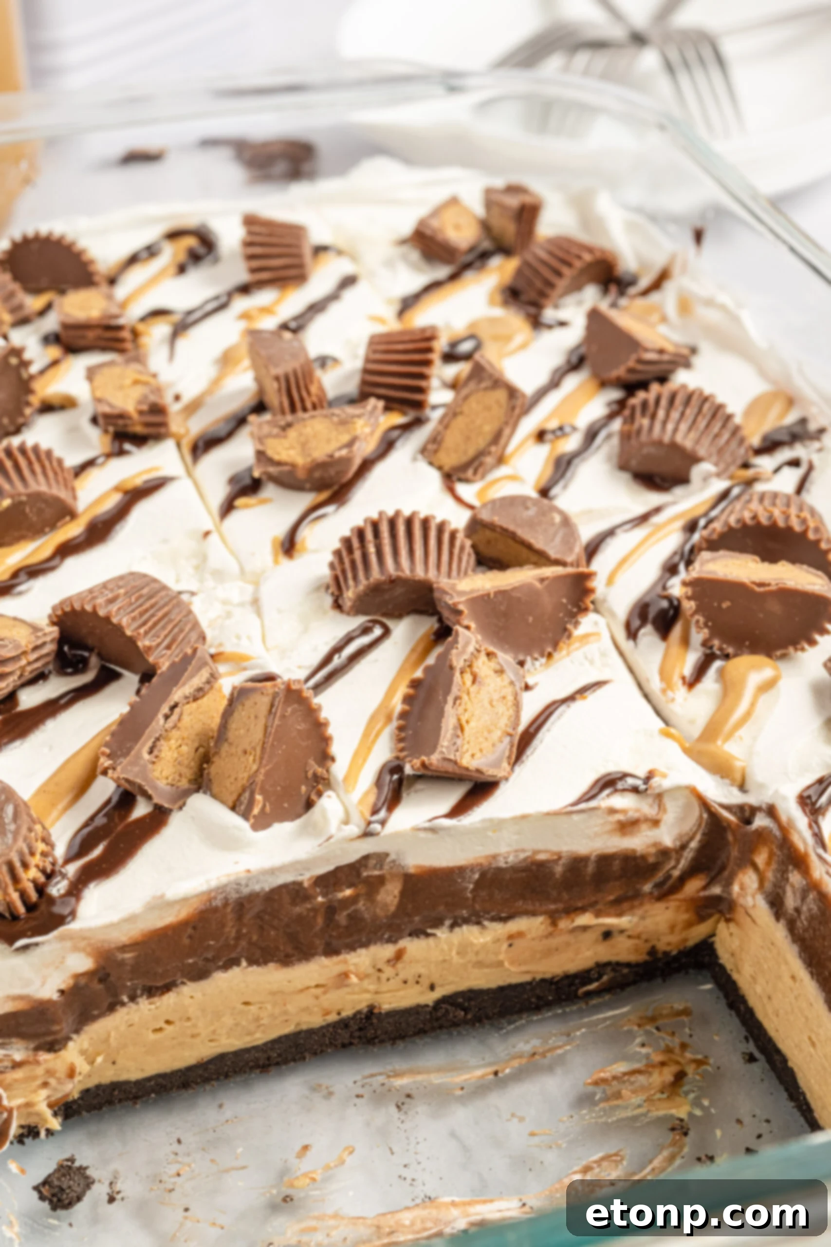 chocolate peanut butter lasagna in a glass baking pan with two slices removed.