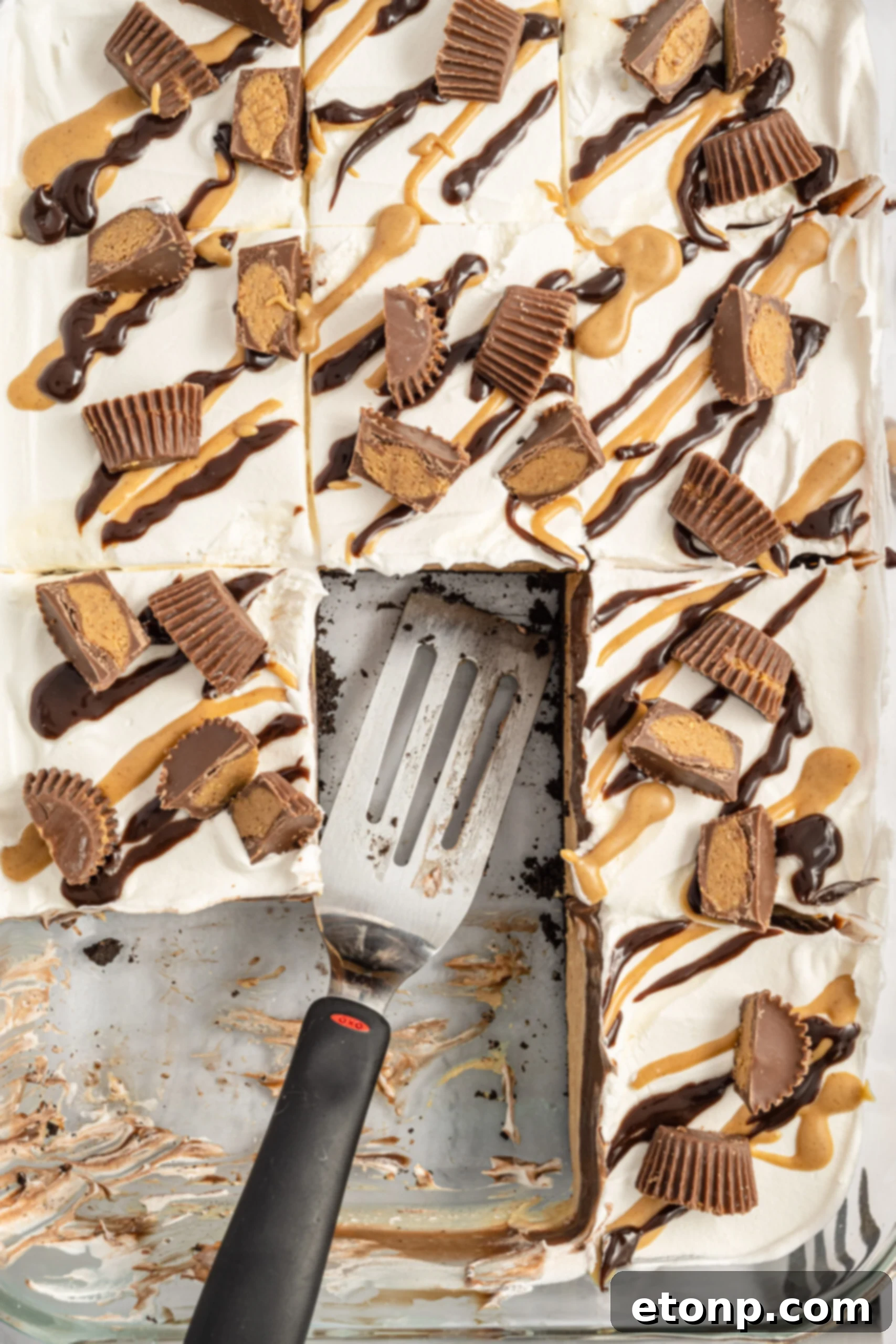 Overhead shot of the cut Reese's peanut butter cup lasagna. 