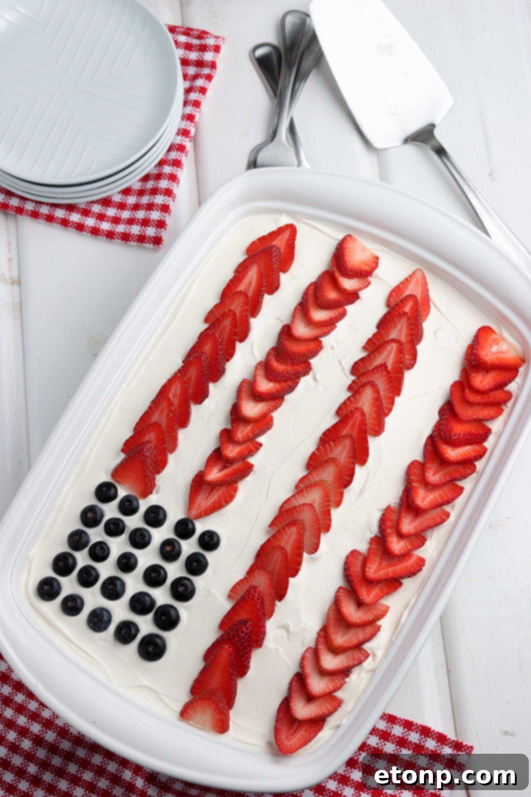American Flag cake in a white baking dish. 