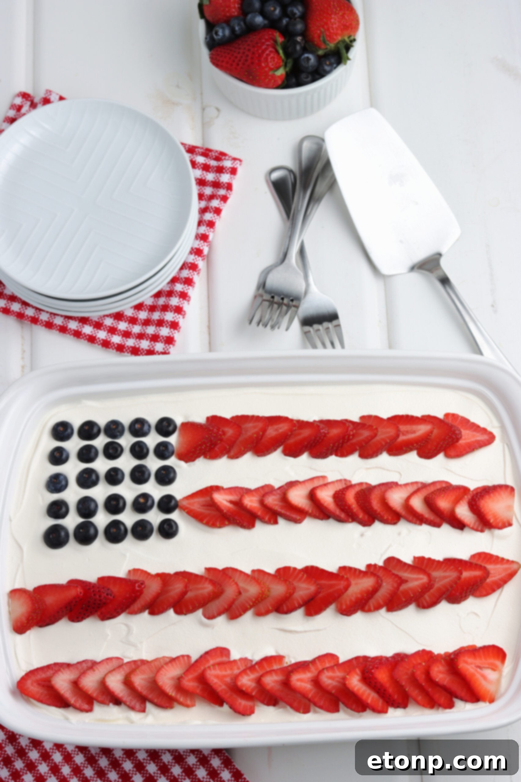 American Flag cake in a white baking dish. 