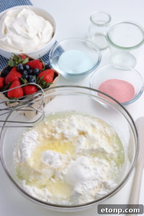 American Flag cake in a white baking dish. 
