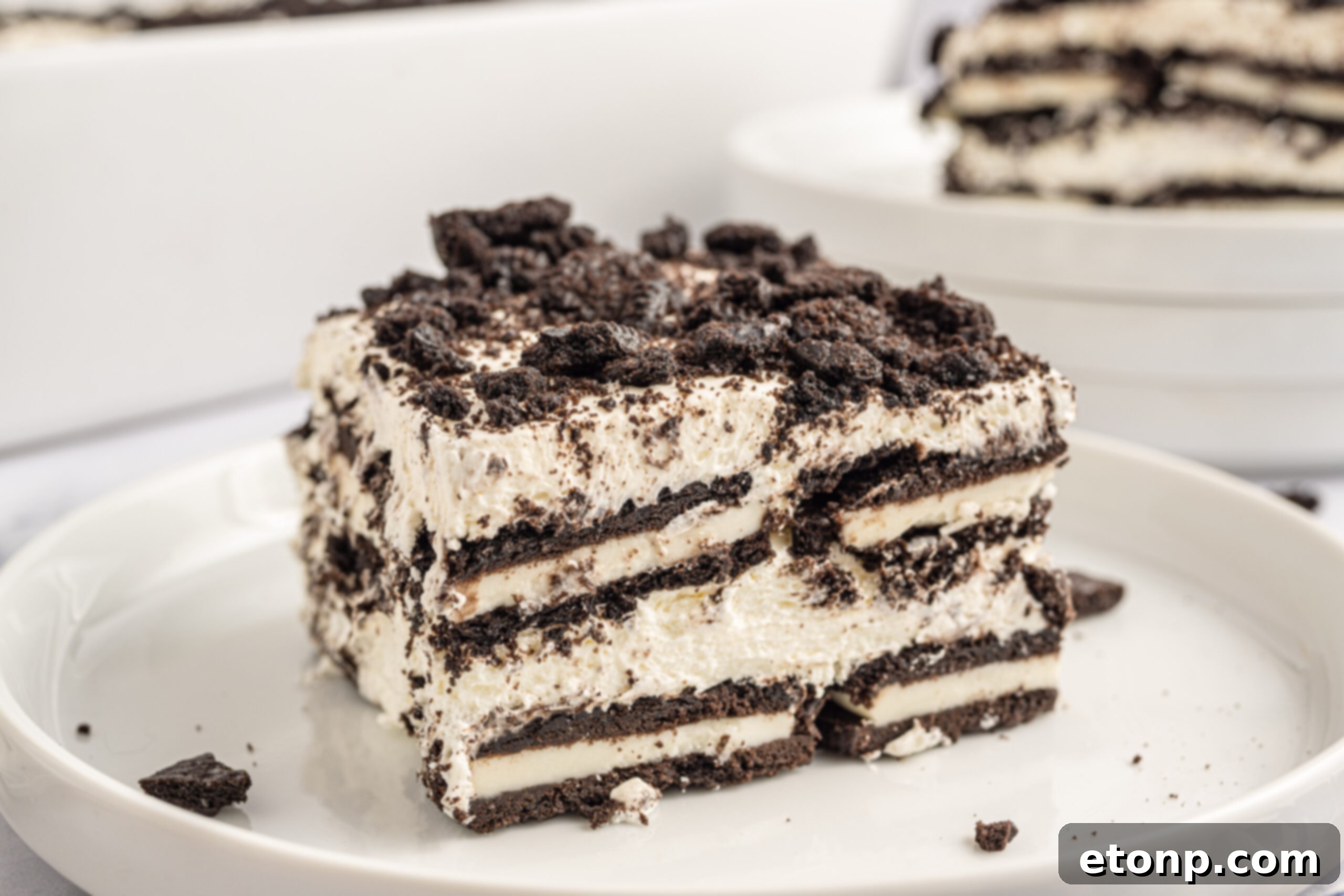 Oreo Cream Dream 4 Slice of the Oreo Icebox Cake on a white plate