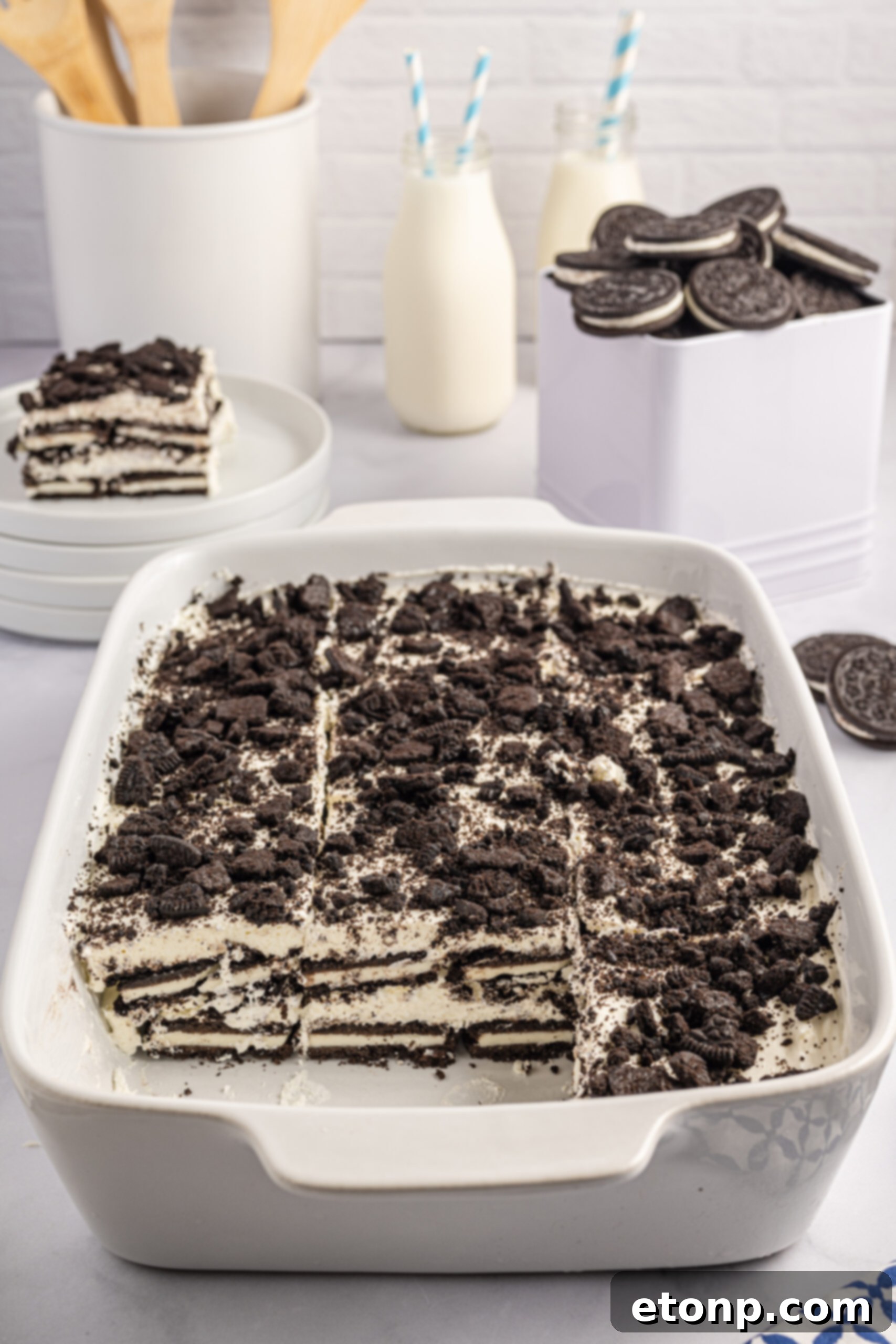Oreo Cream Dream 6 Oreo Icebox Cake in a white baking pan