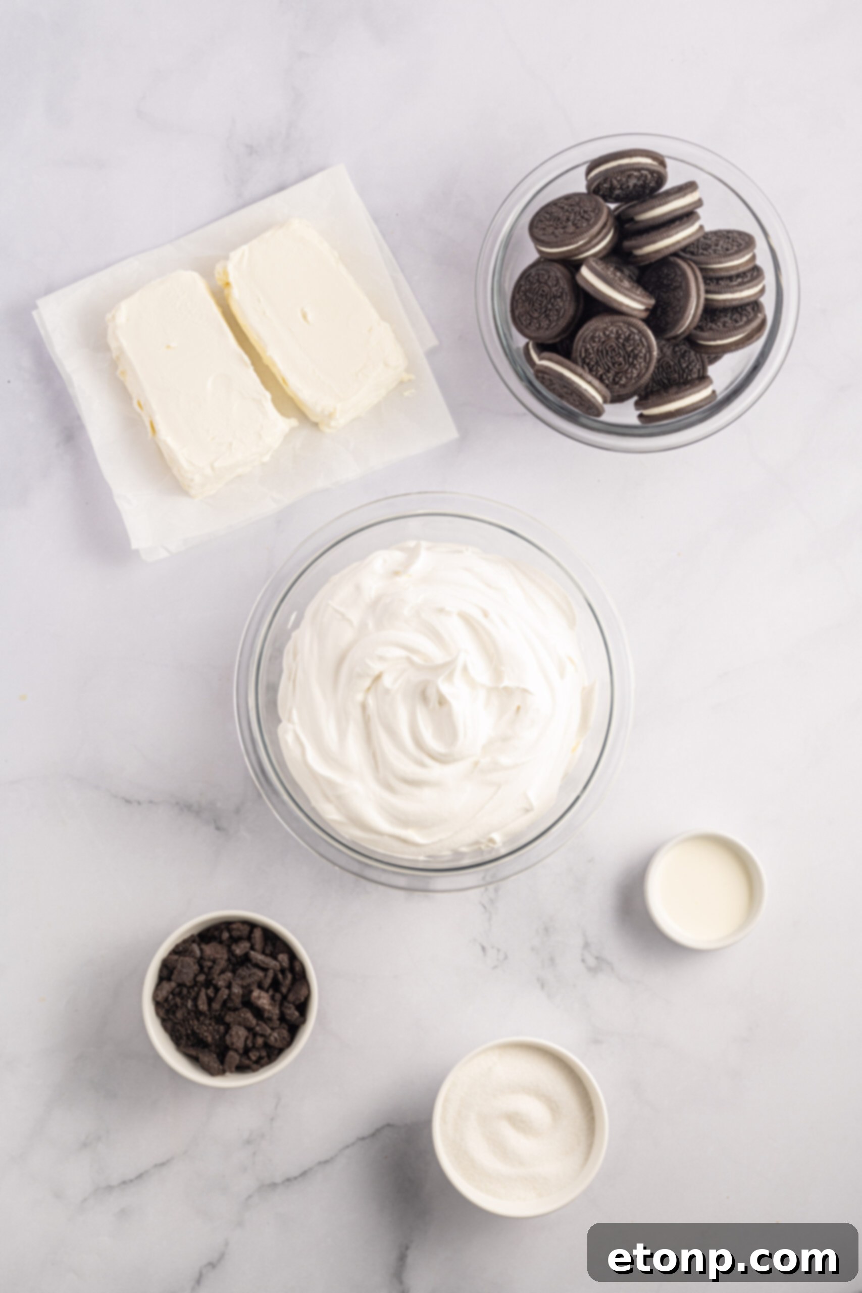 Oreo Cream Dream 9 Overhead view of the ingredients needed to complete this recipe.