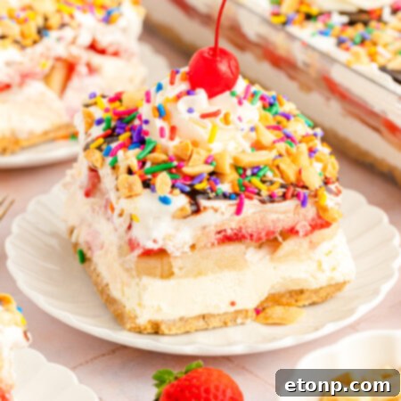 No-Bake Banana Split Bliss 19 A vibrant and delicious No Bake Banana Split Cake, perfect for any occasion.