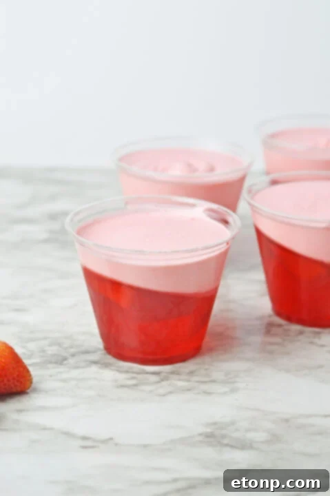 Strawberry Dream Parfaits 13 Finished Strawberry Jello Parfaits ready for topping.