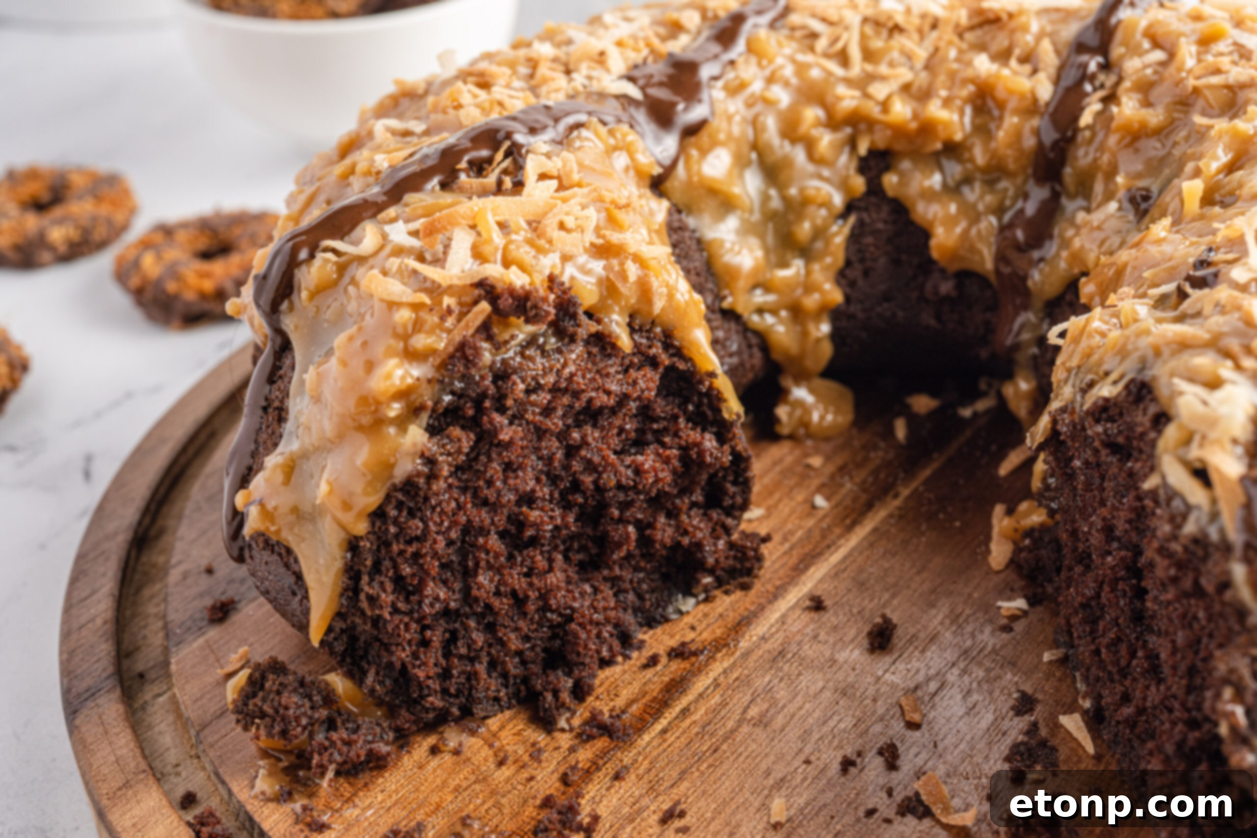Another close-up shot of the Samoa Cake, focusing on a single, delectable slice showcasing its distinct layers and tantalizing toppings, suggesting its rich and complex taste.