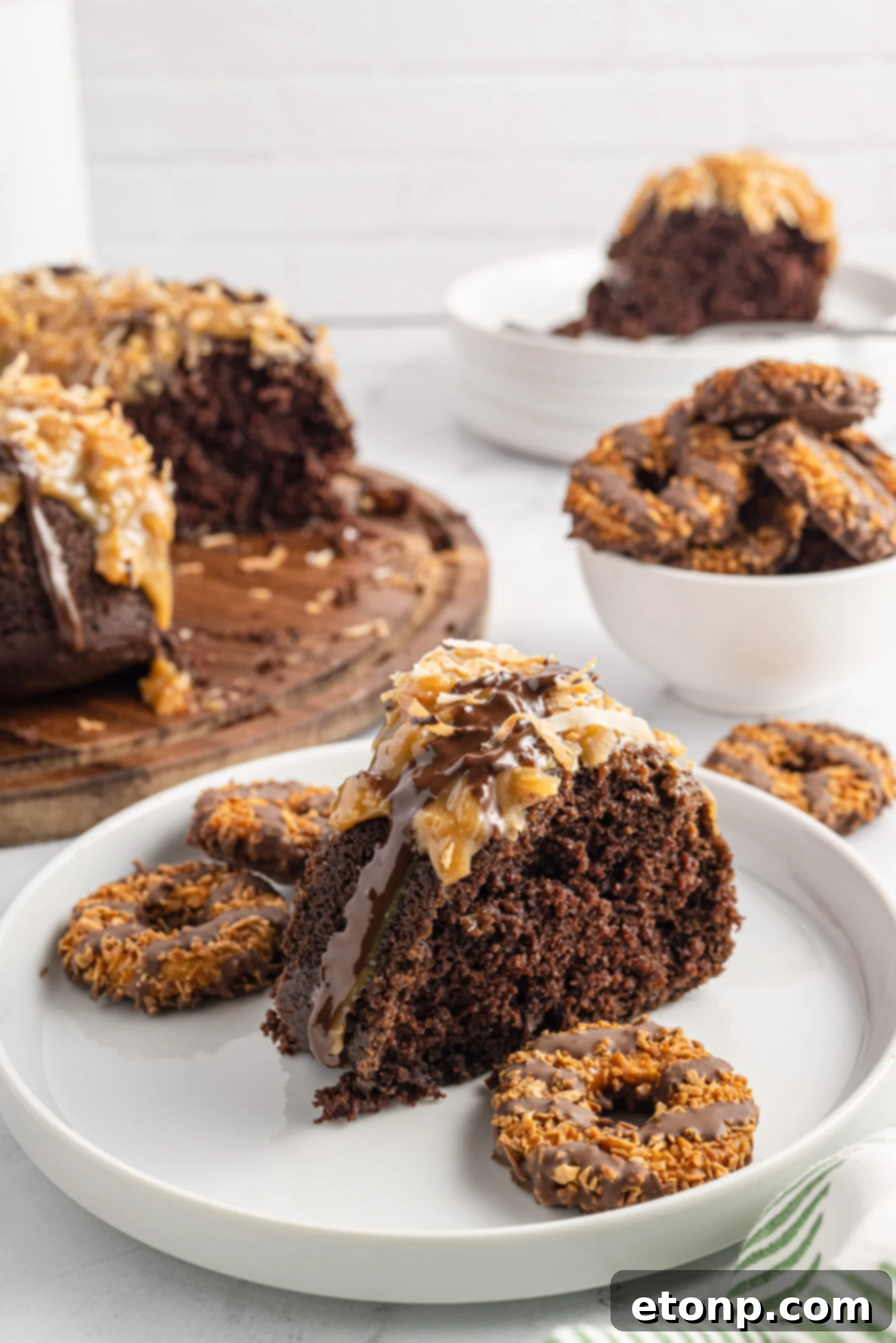 Front view of a slice of Samoa Cake on a pristine white plate, showcasing its distinct layers of cake, caramel, coconut, and chocolate drizzle, perhaps a Coconut Cream Samoa Layer Cake.
