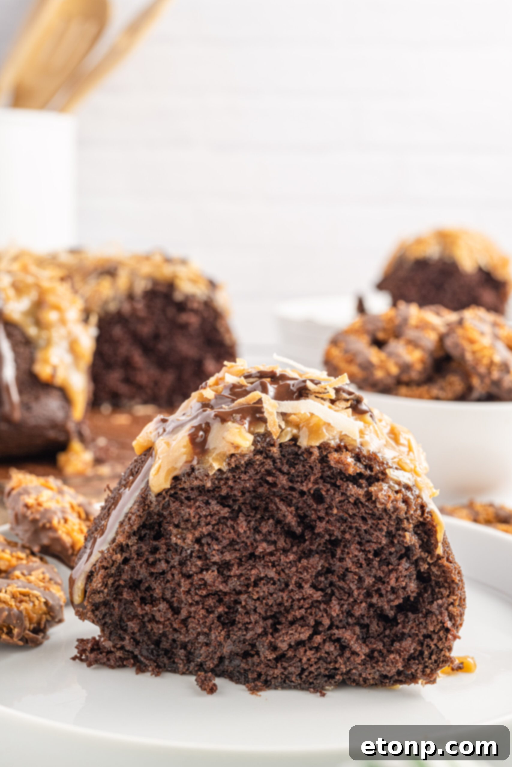 Side view of a perfectly plated slice of Samoa Cake on a white plate, highlighting the rich caramel, abundant toasted coconut, and elegant chocolate drizzle, potentially a Salted Caramel Samoa Cake.