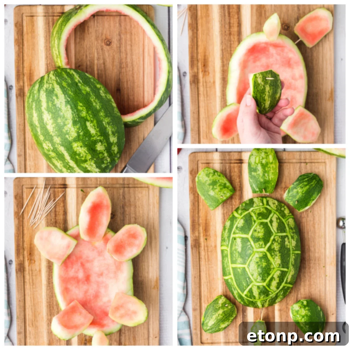 A collage demonstrating the step-by-step process of carving and assembling the watermelon turtle bowl.