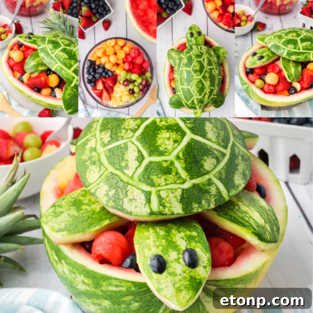 A comprehensive collage illustrating all the steps to create and fill the watermelon turtle salad bowl.