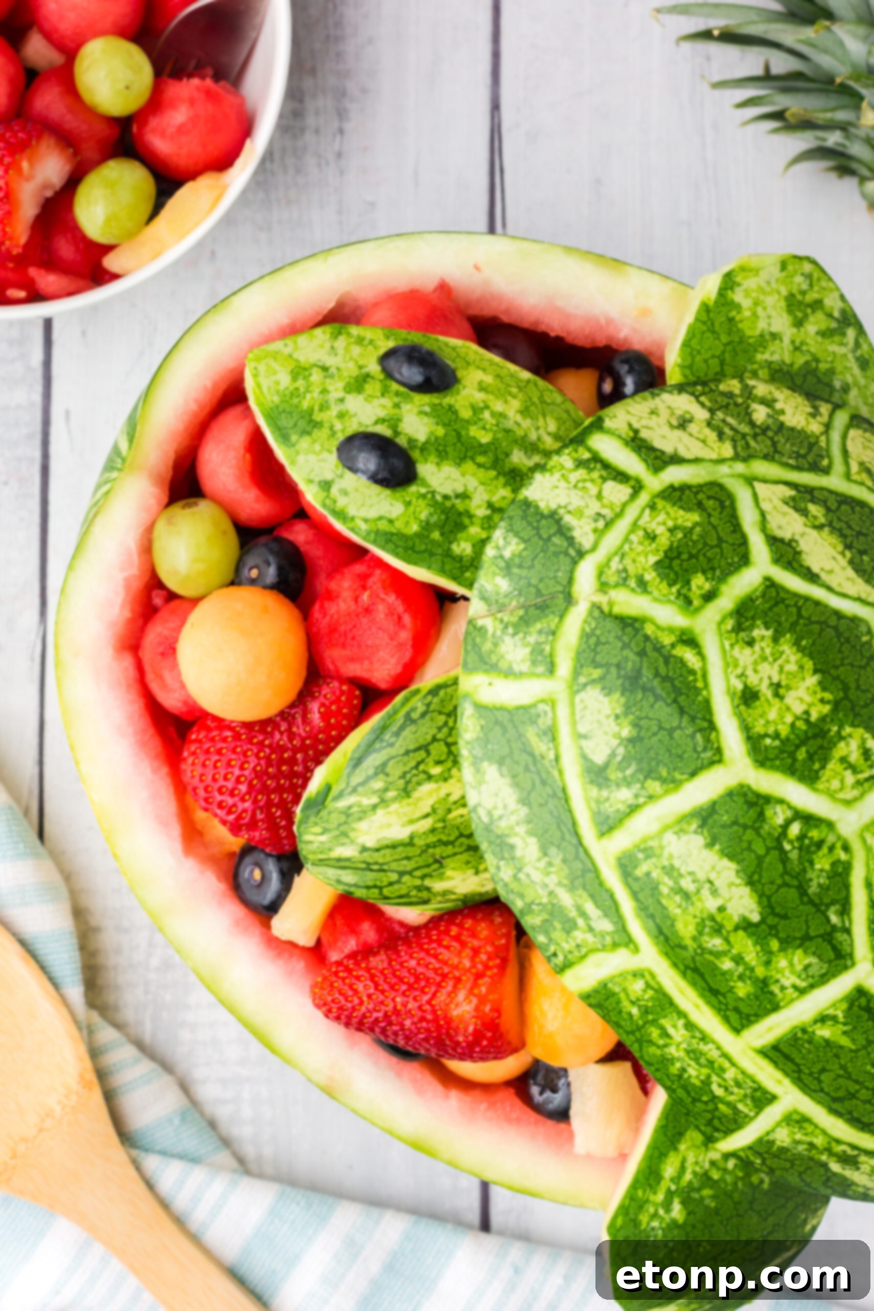 Side view of the Watermelon Turtle Fruit Salad on a vibrant backdrop.
