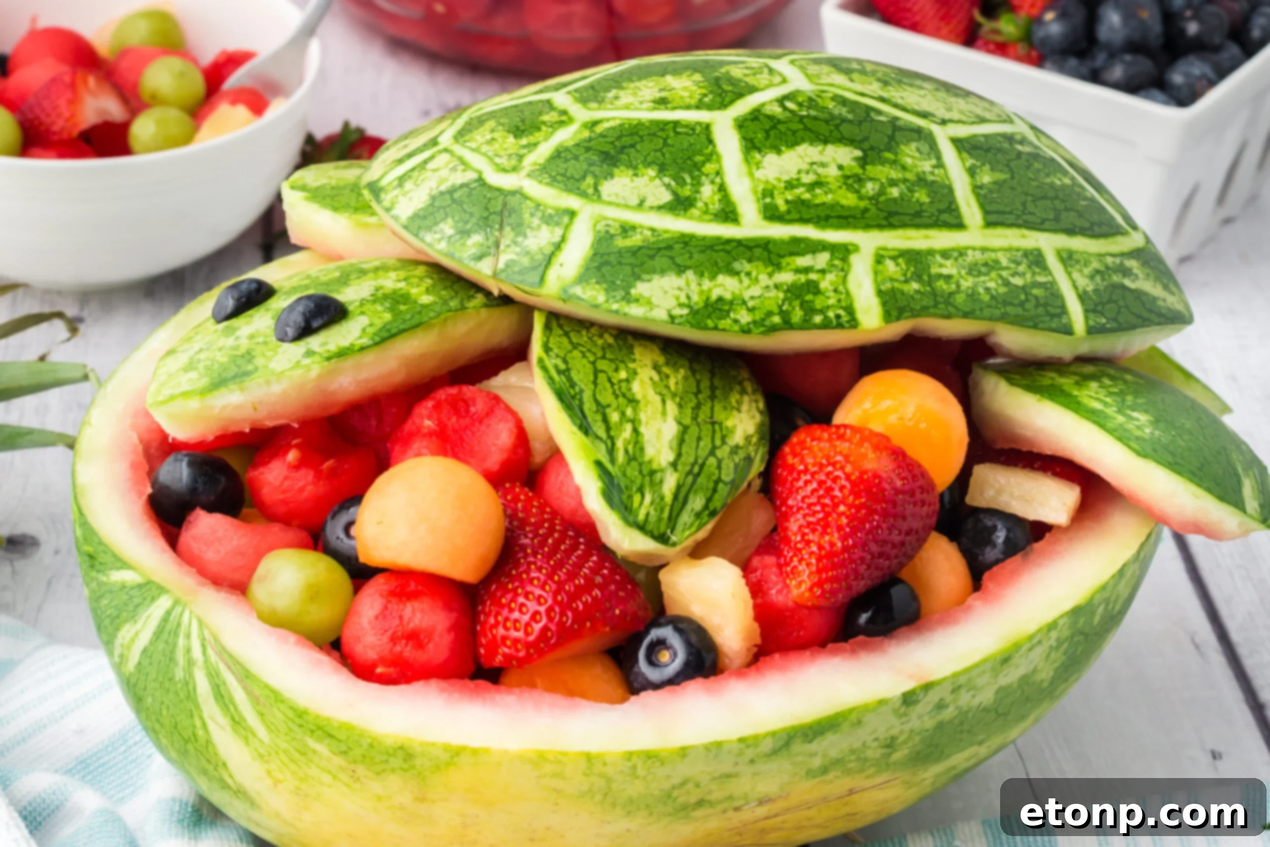 Side view of the watermelon turtle salad artfully displayed on a white wood table.