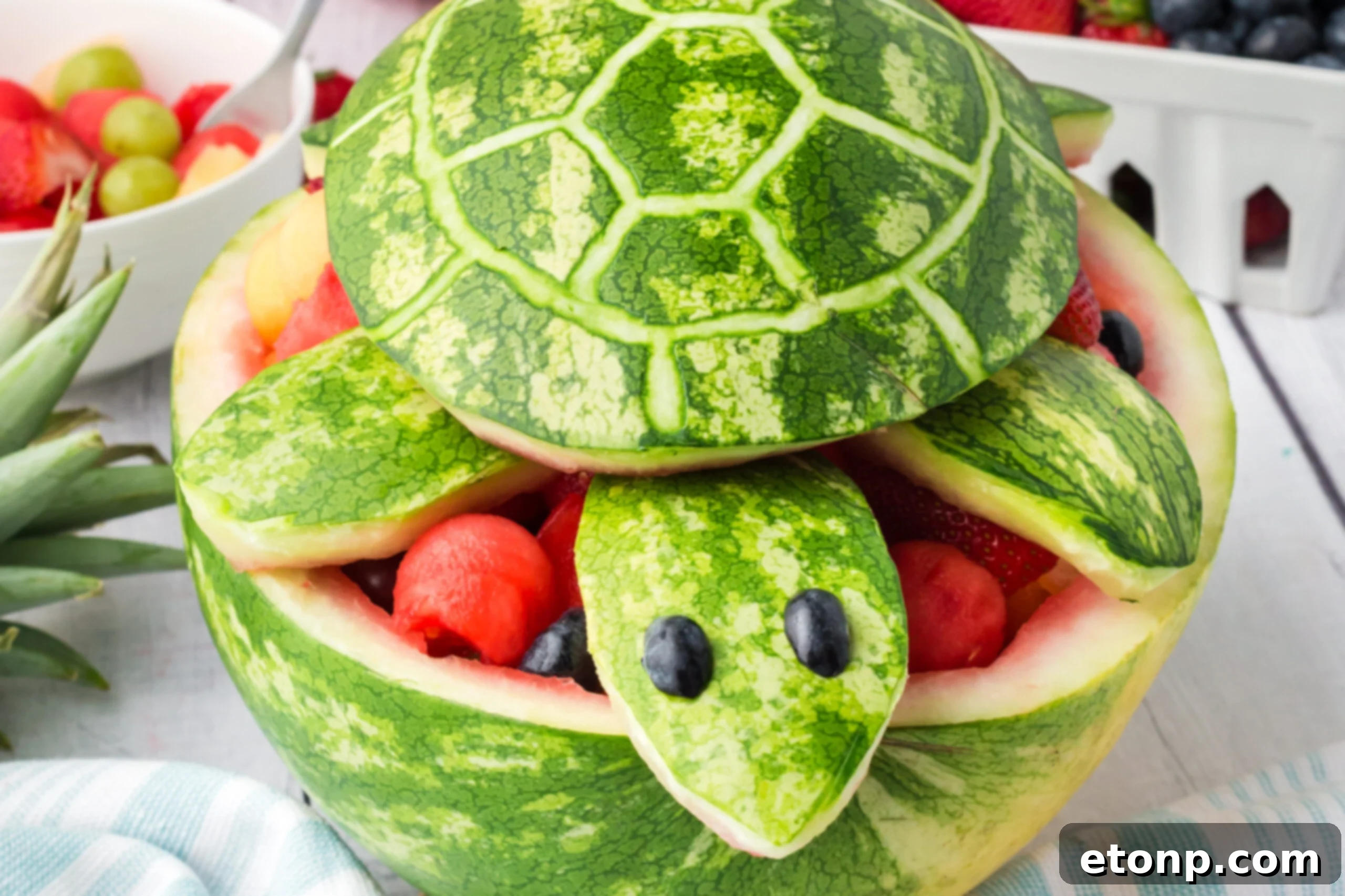Front view of the Watermelon Turtle Fruit Salad, showcasing its adorable design.