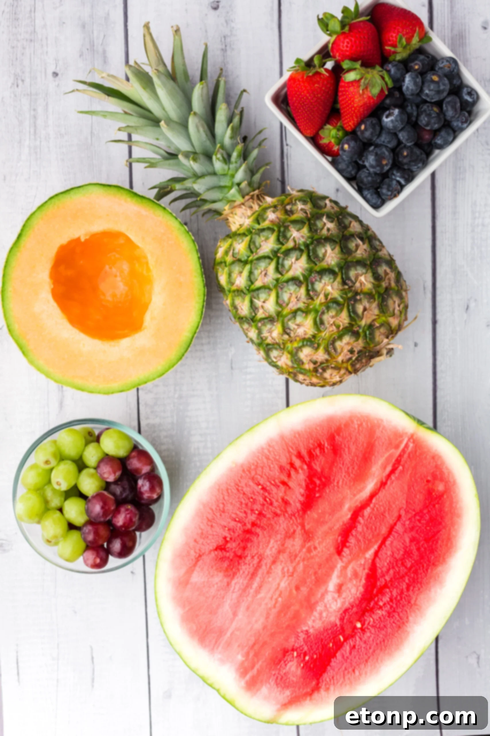 Overhead view of all the fresh ingredients required to make the Watermelon Turtle Fruit Salad.