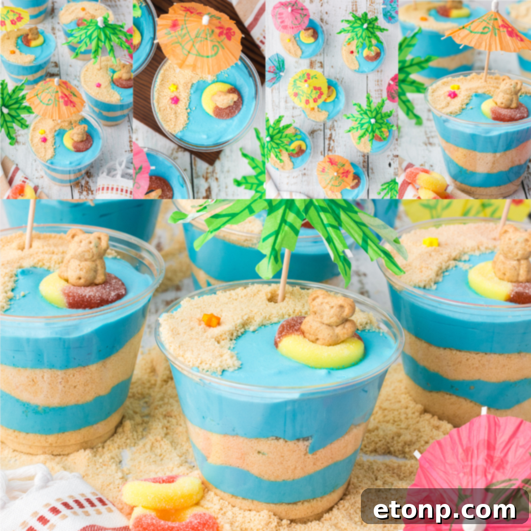 A collage displaying Beach Cheesecake Pudding Cups from various angles, showcasing the dessert's layers and decorations.