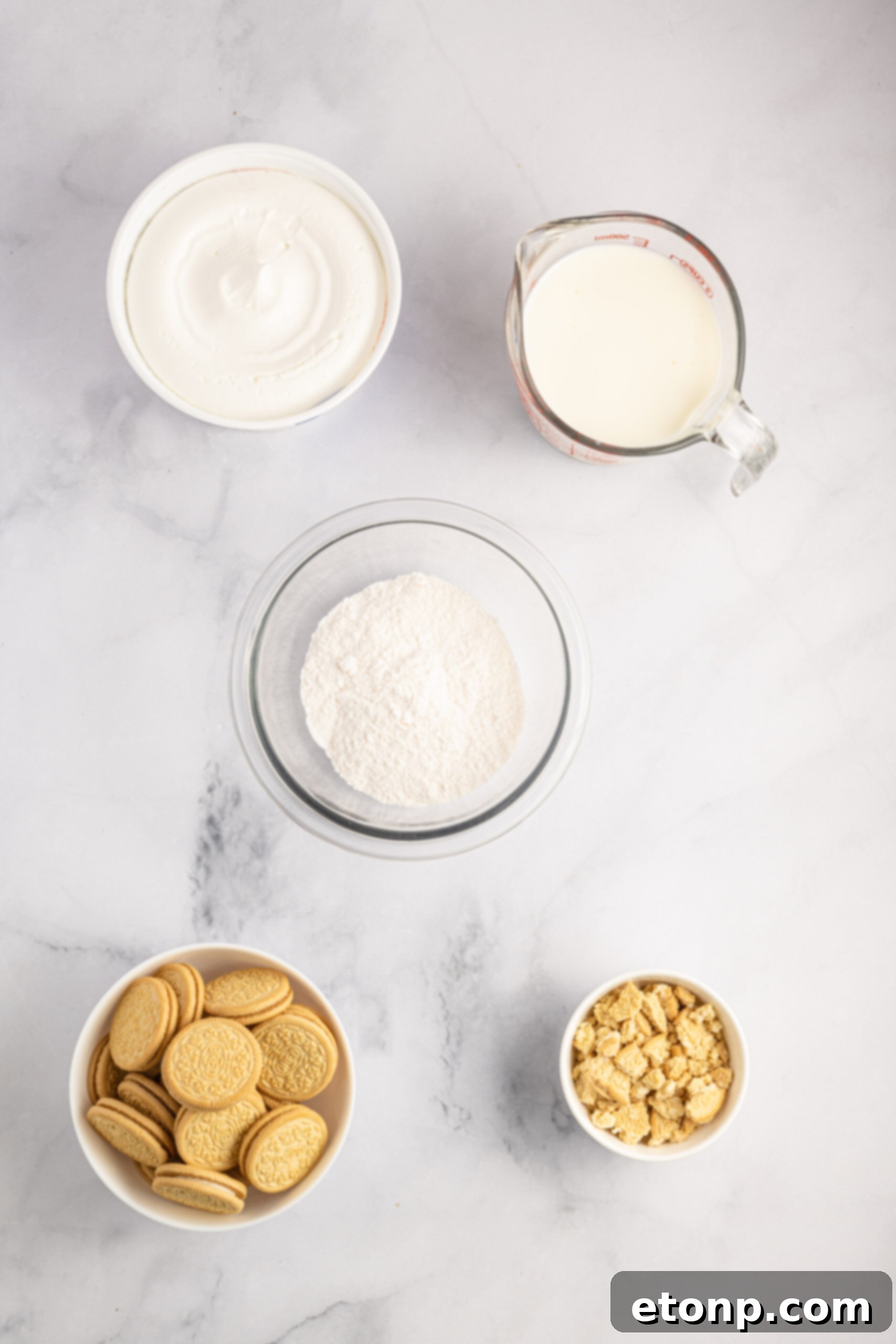 Overhead view of all the ingredients needed to complete this recipe, neatly arranged.