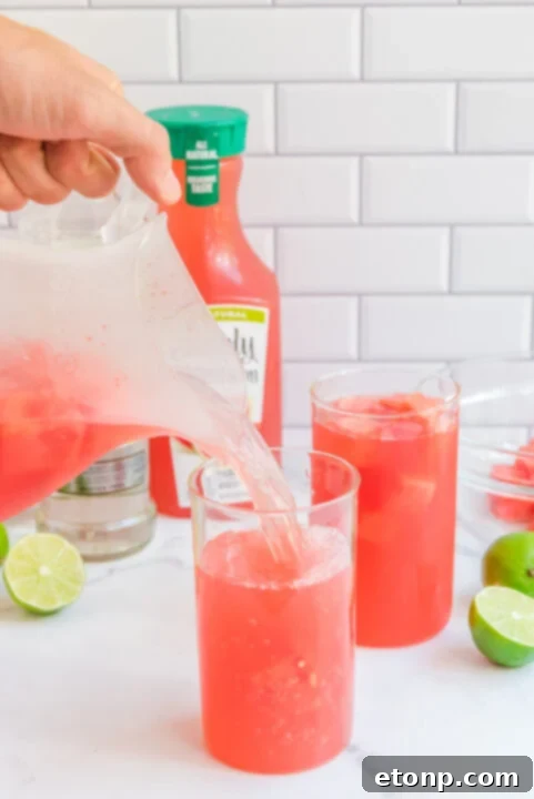 Pitcher with watermelon cocktail ingredients.