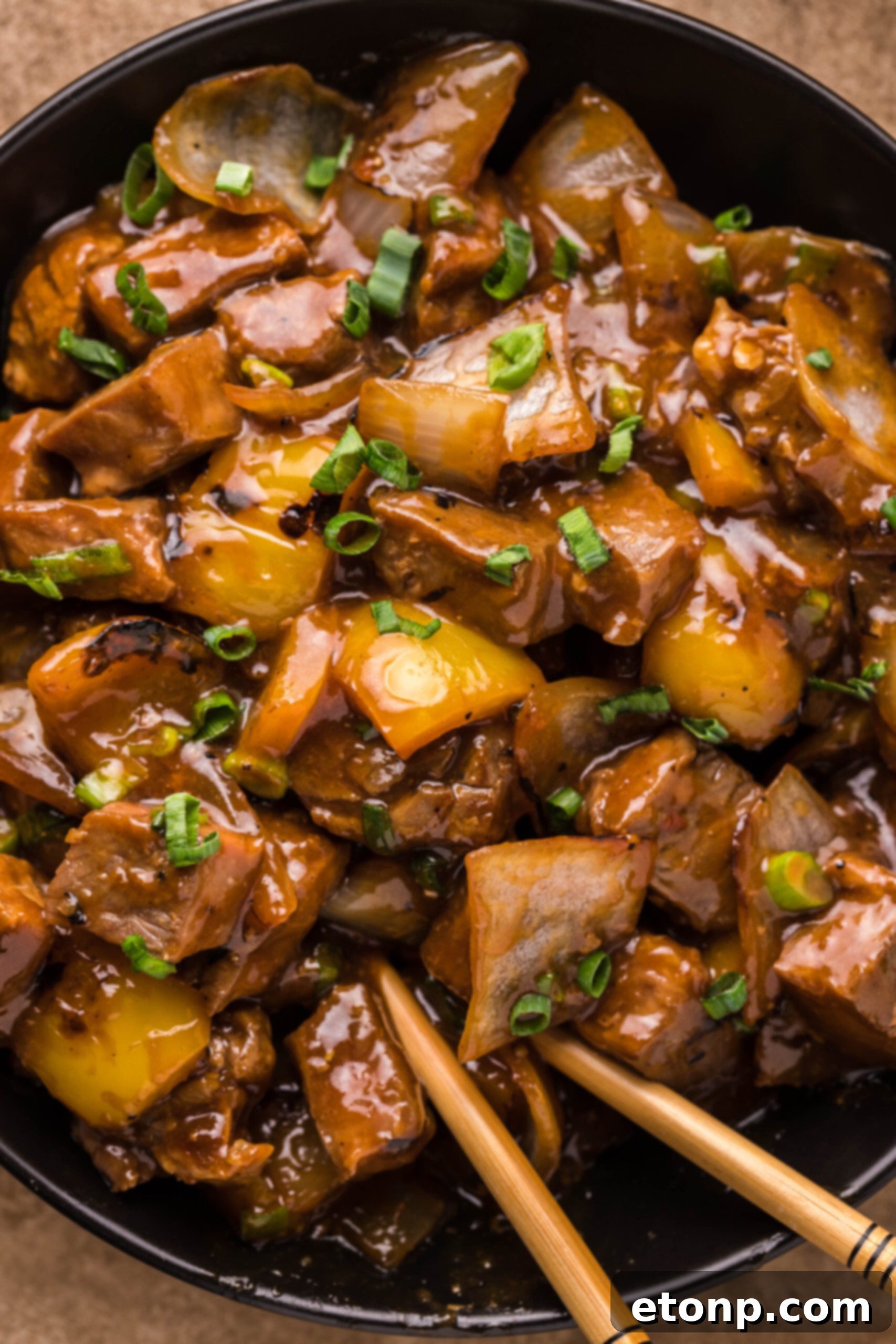 Close up view of Teriyaki Steak Bites.